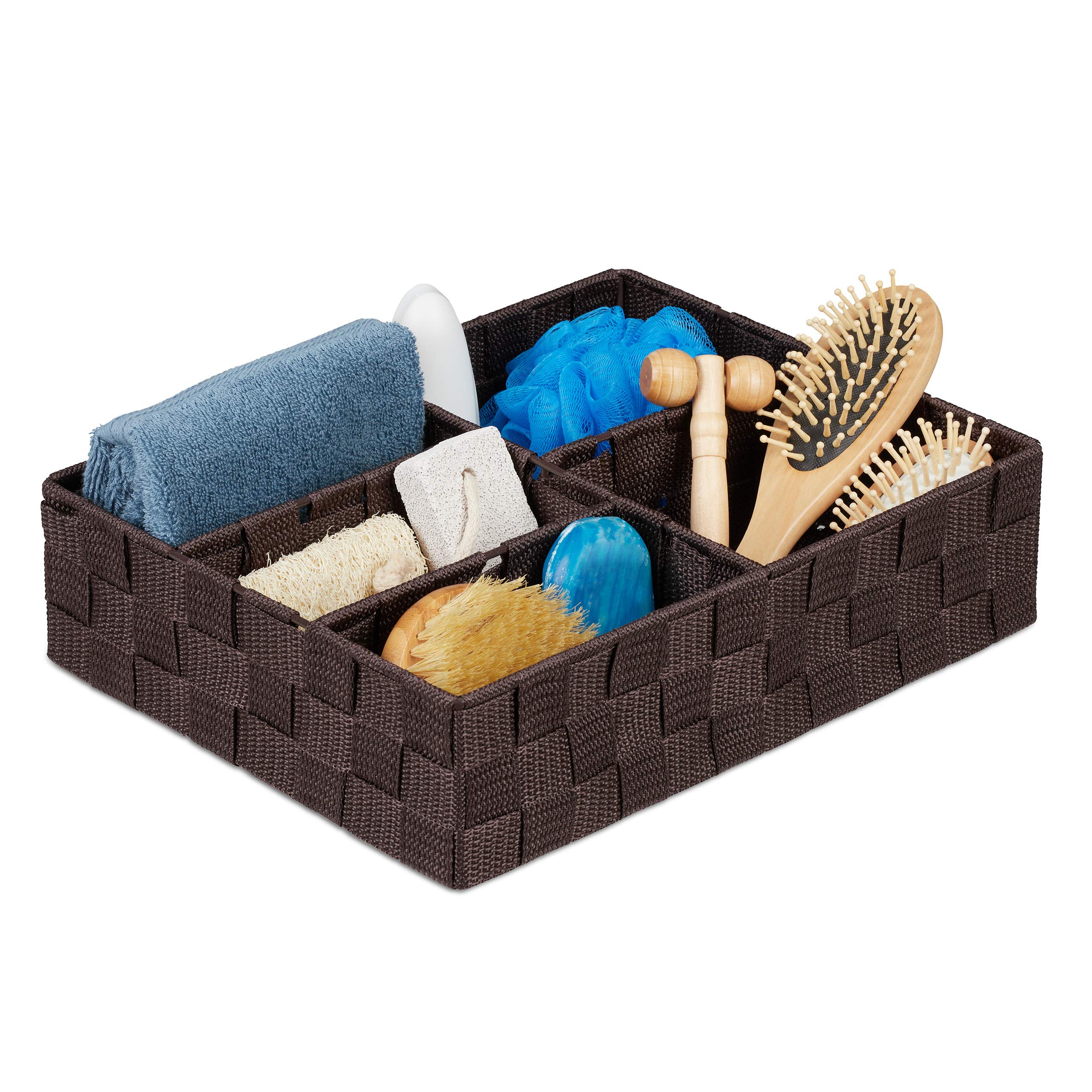 Relaxdays Drawer Organiser, Storage Basket, 5 Compartments, Square, Woven, Plastic, Multipurpose, 8.5 x 32 x 25cm, Brown