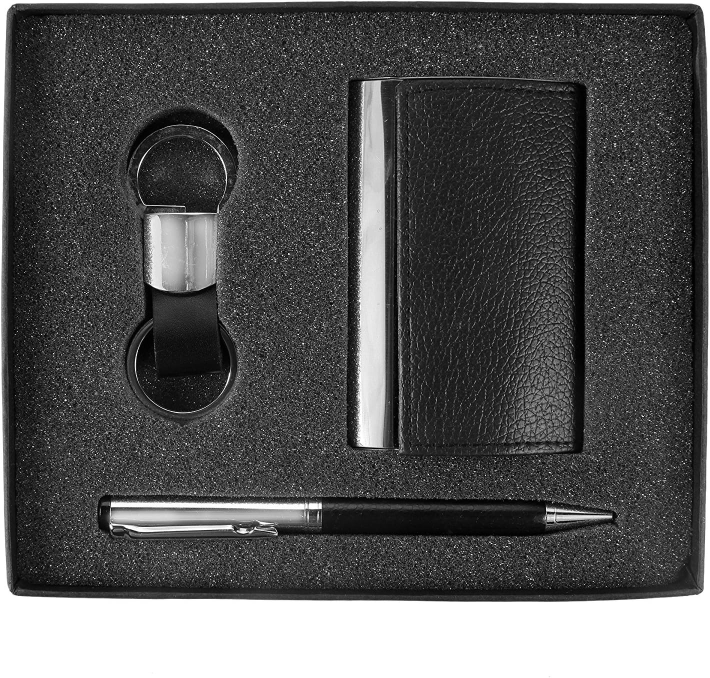 Lavanaya Silver 3 in 1 Black & Silver Corporate Gift Set with Keychain Crystal Pen,Business Card Holder (Premium Quality) (Premium Black Silver Pen) (Black Keychain)