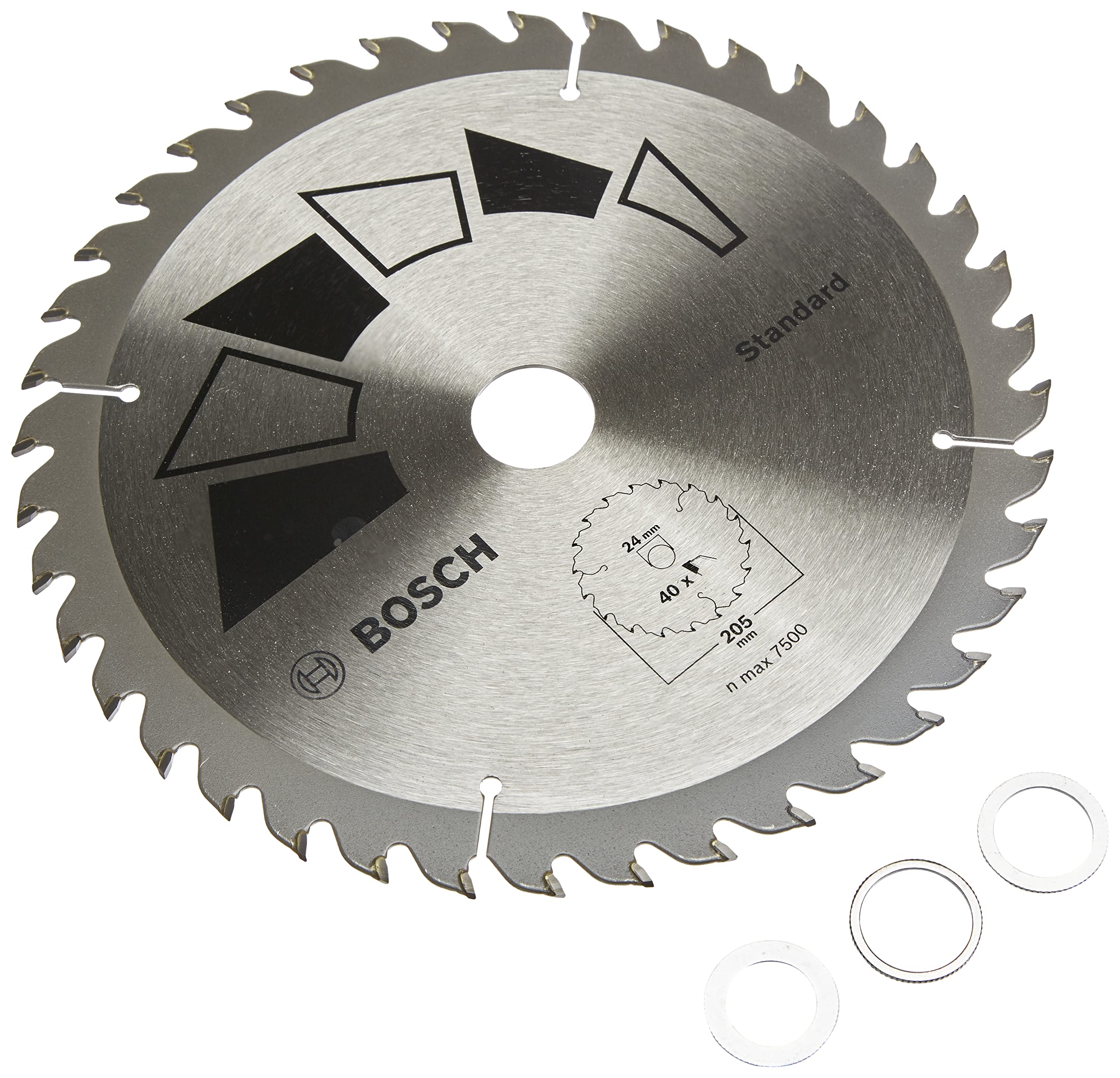 Bosch 1X Lame De Scie Circulaire Standard (pour Bois, Ø 205 X 2.2/1.5 X 24/20/18/16 Mm, 40 Dents, Atb, avec 3X Bague De Réduction 20/18/16 Mm, Accessoire Scie Circulaire)