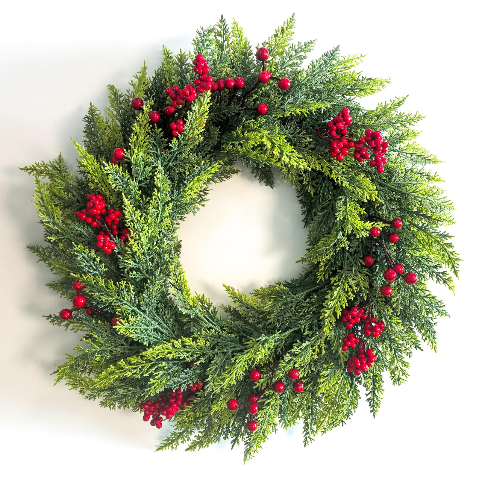 View 1 of 24 inch Christmas Wreaths for Front Door, Artificial Winter Wreath with Red Balls, Faux Pine Green Wreath for Home, Holiday, Fireplace, Mantle, Wall, Windows, Xmas, Outdoor Decoration