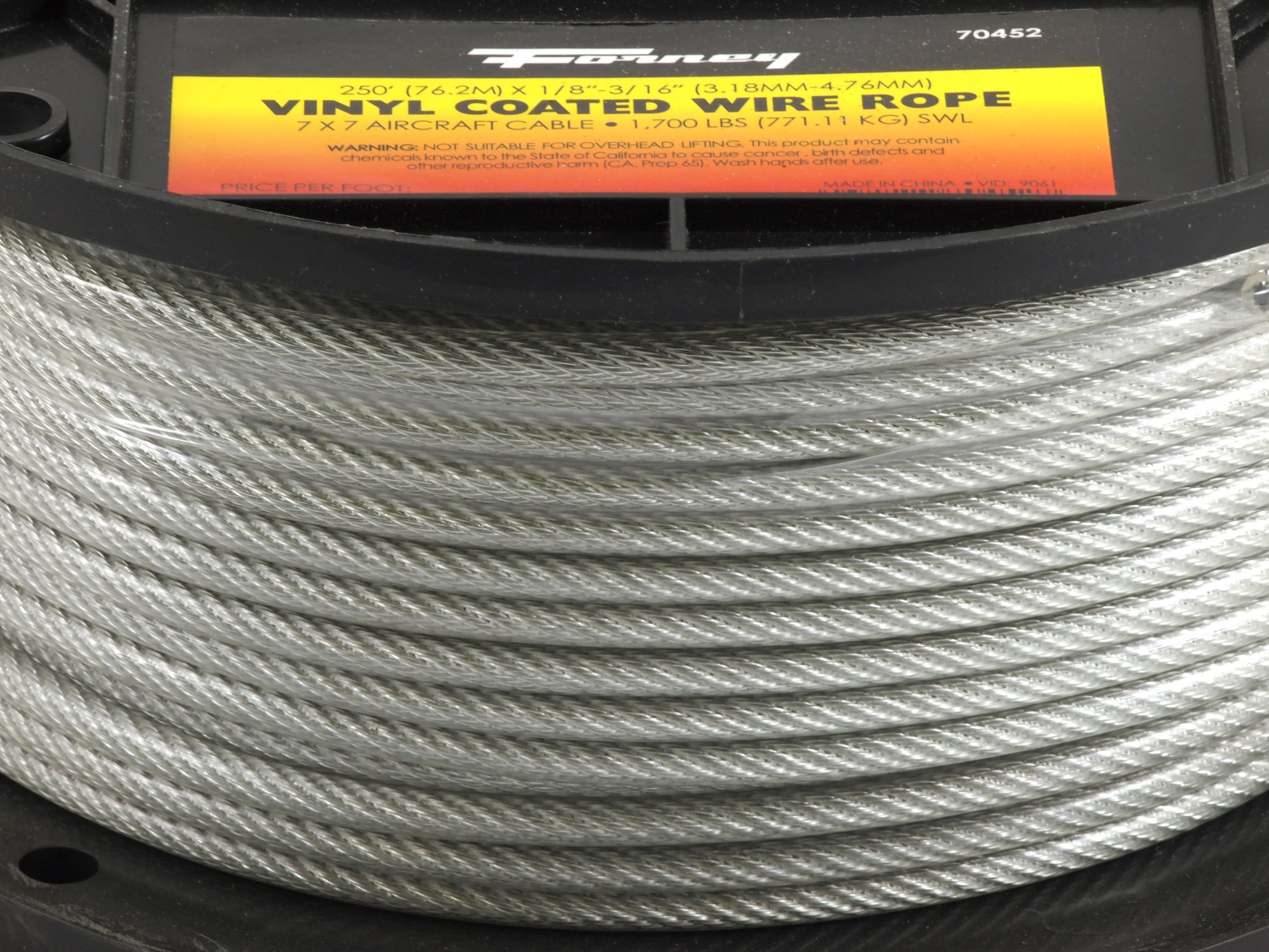 Forney 70452 Wire Rope, Vinyl Coated Aircraft Cable, 250Feetby1/8