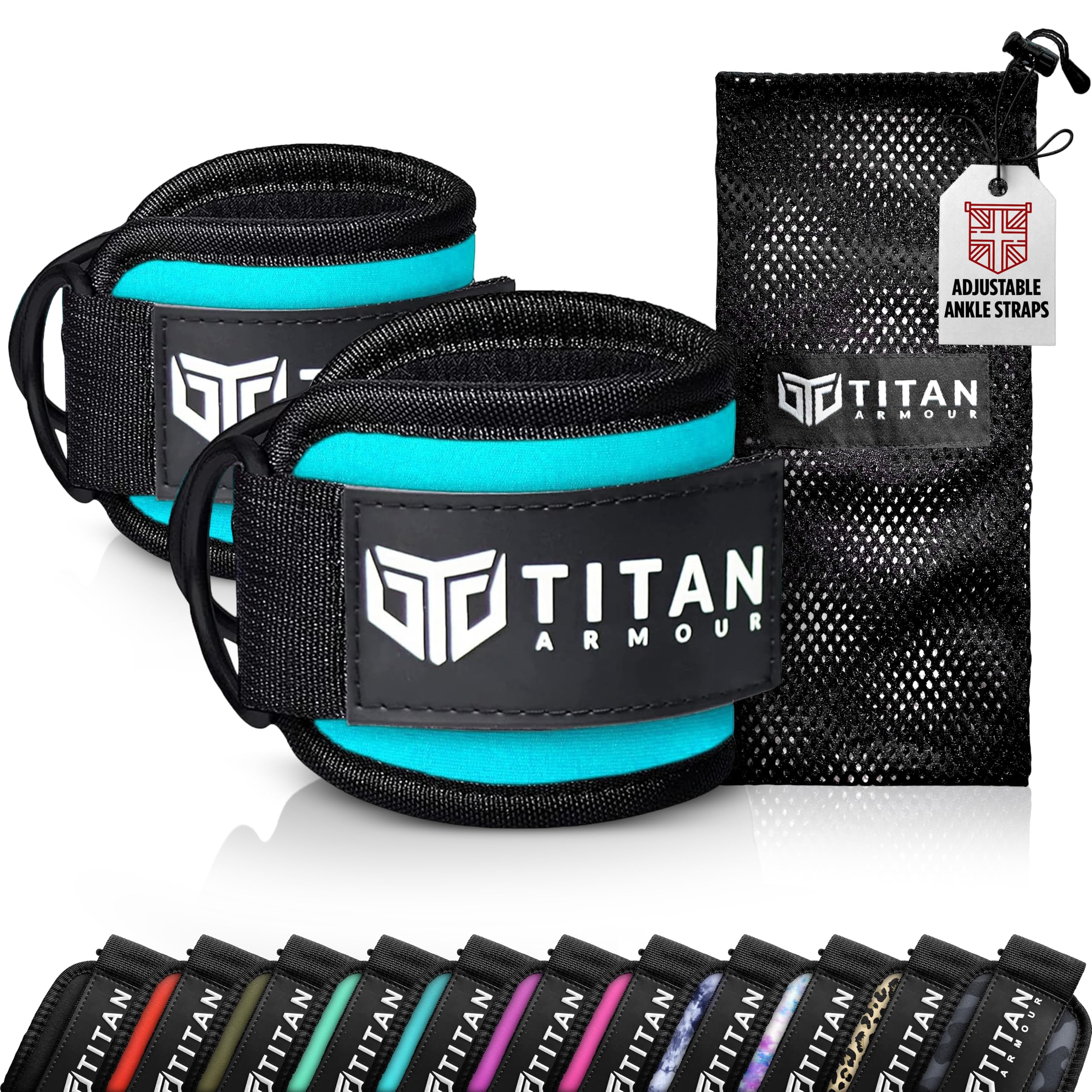Titan Armour® Ankle Straps for Cable Machines | Gym Cuffs w/Heavy-Duty Steel Double D-Rings & Adjustable Strap | Lower Body Workouts Inc. Leg Extension, Leg Curl & Glute Kickback | Men & Women
