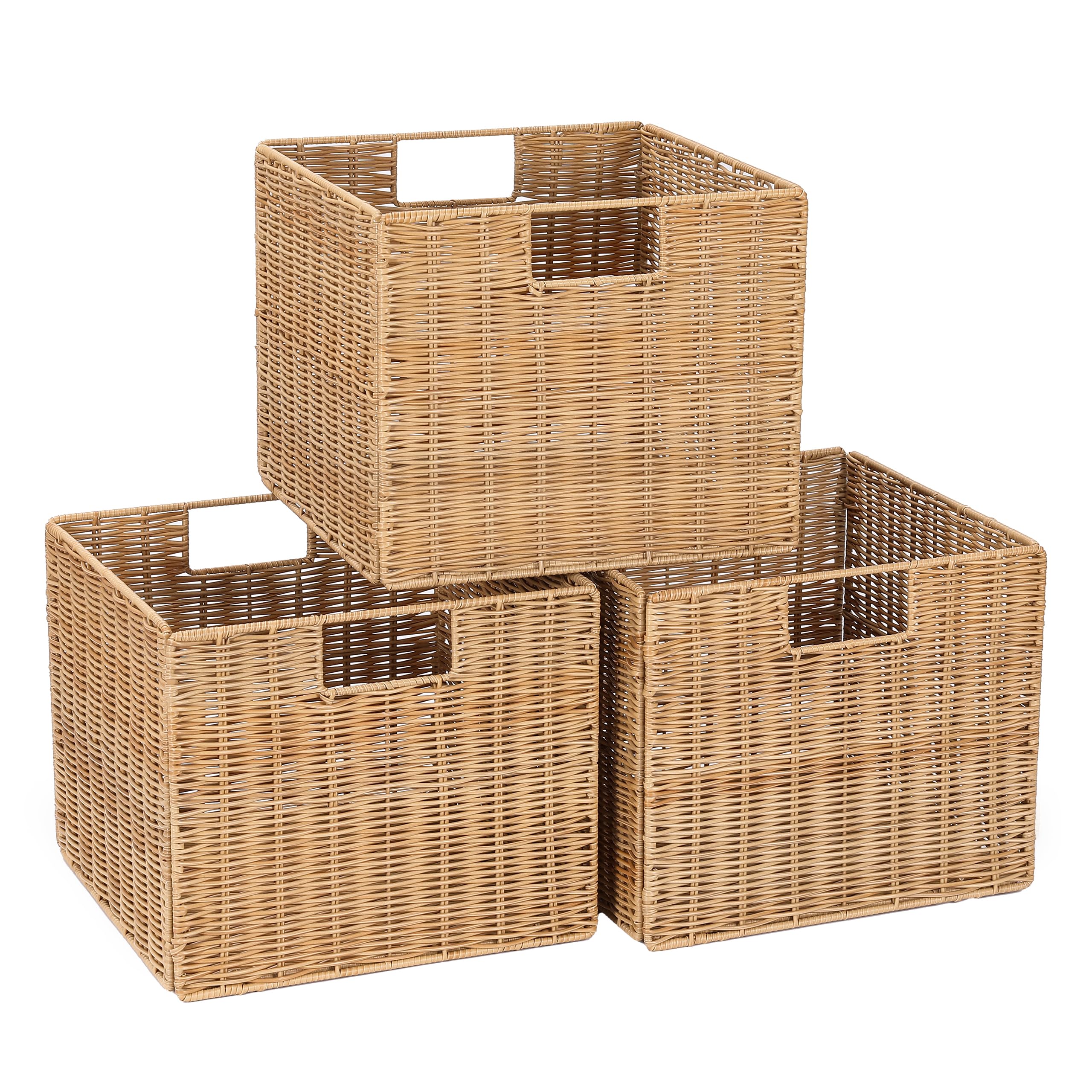Photo 1 of 12X12X10in Plastic Wicker Storage Basket, Collapsible Wicker Cube Storage for Shelves, Woven Plastic Storage Basket for Pantry, Bedroom, Living Room, Bathroom, Shelves-3 Pack