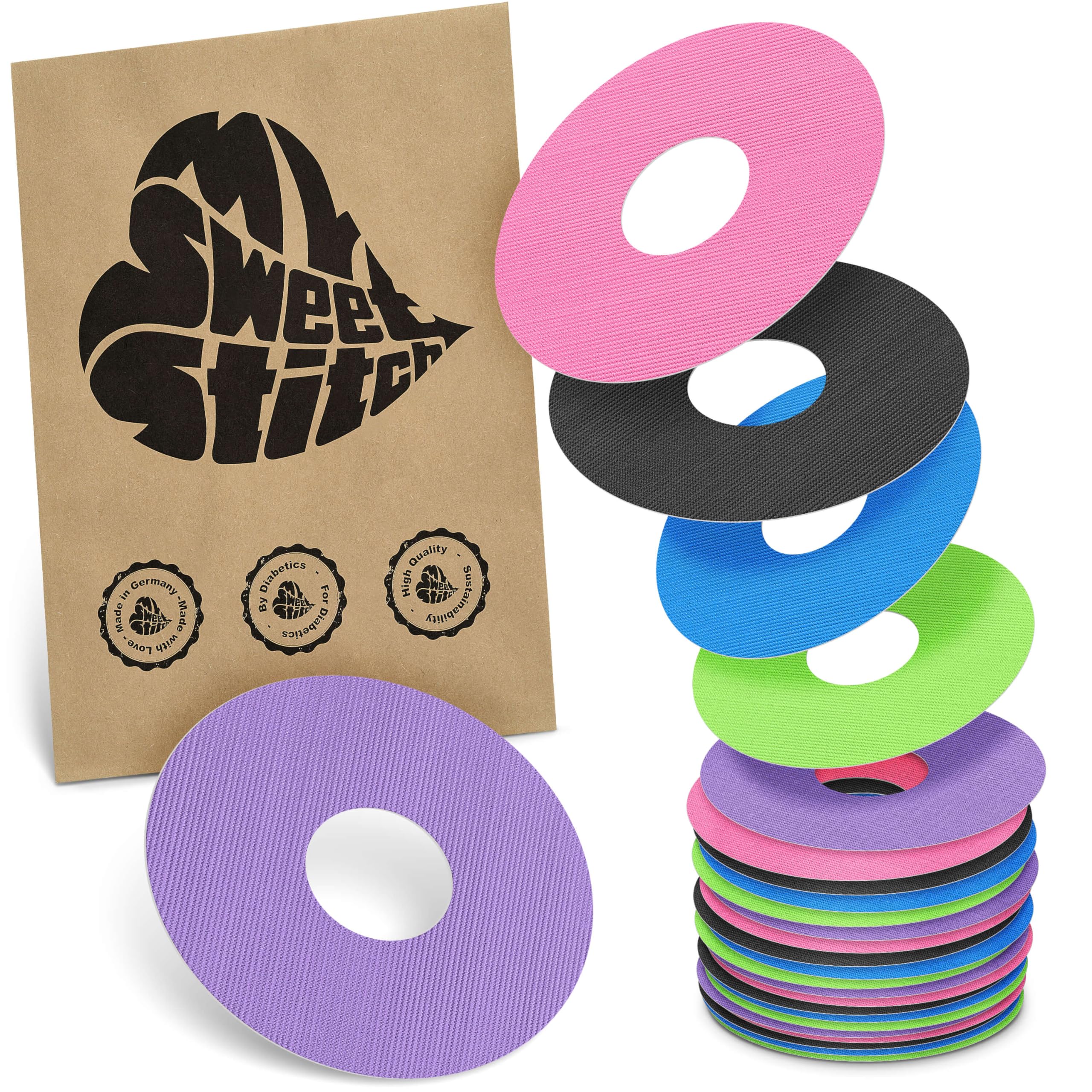MySweetStitch - 25 x Freestyle Libre 3 Round Patches, Ring Patch Ø 60mm, Inner Ø 20mm, Waterproof, Breathable, Skin-Friendly, Made in Germany, Rainbow