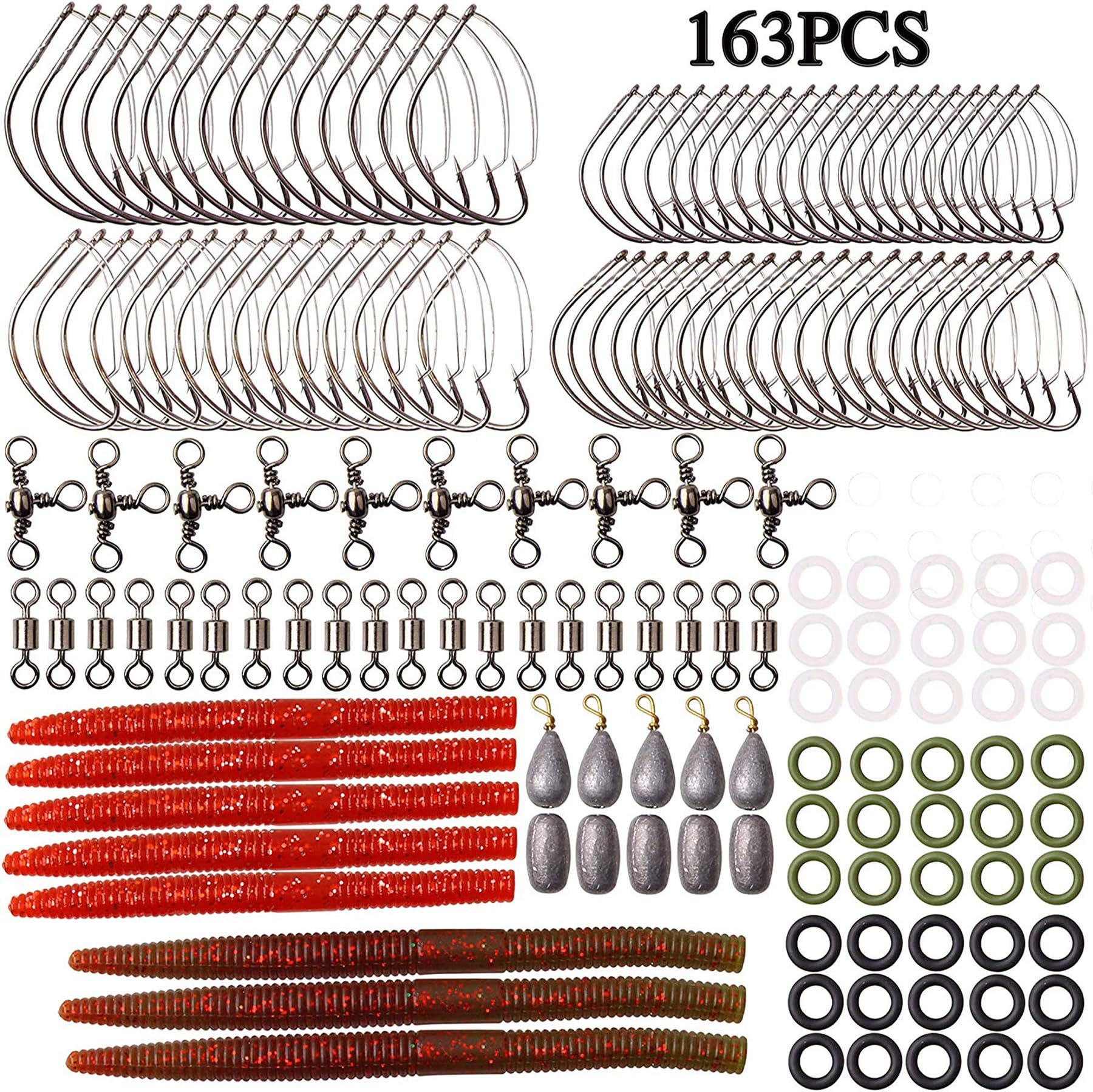Ned Rig Jig Heads Worm Lures Kit 55pcs/box Soft Stick Baits Twist Lock Hooks Ned Rig Jig Heads Swivels Fishing Tackle Kit for Wacky Rig Bass Trout Fishing