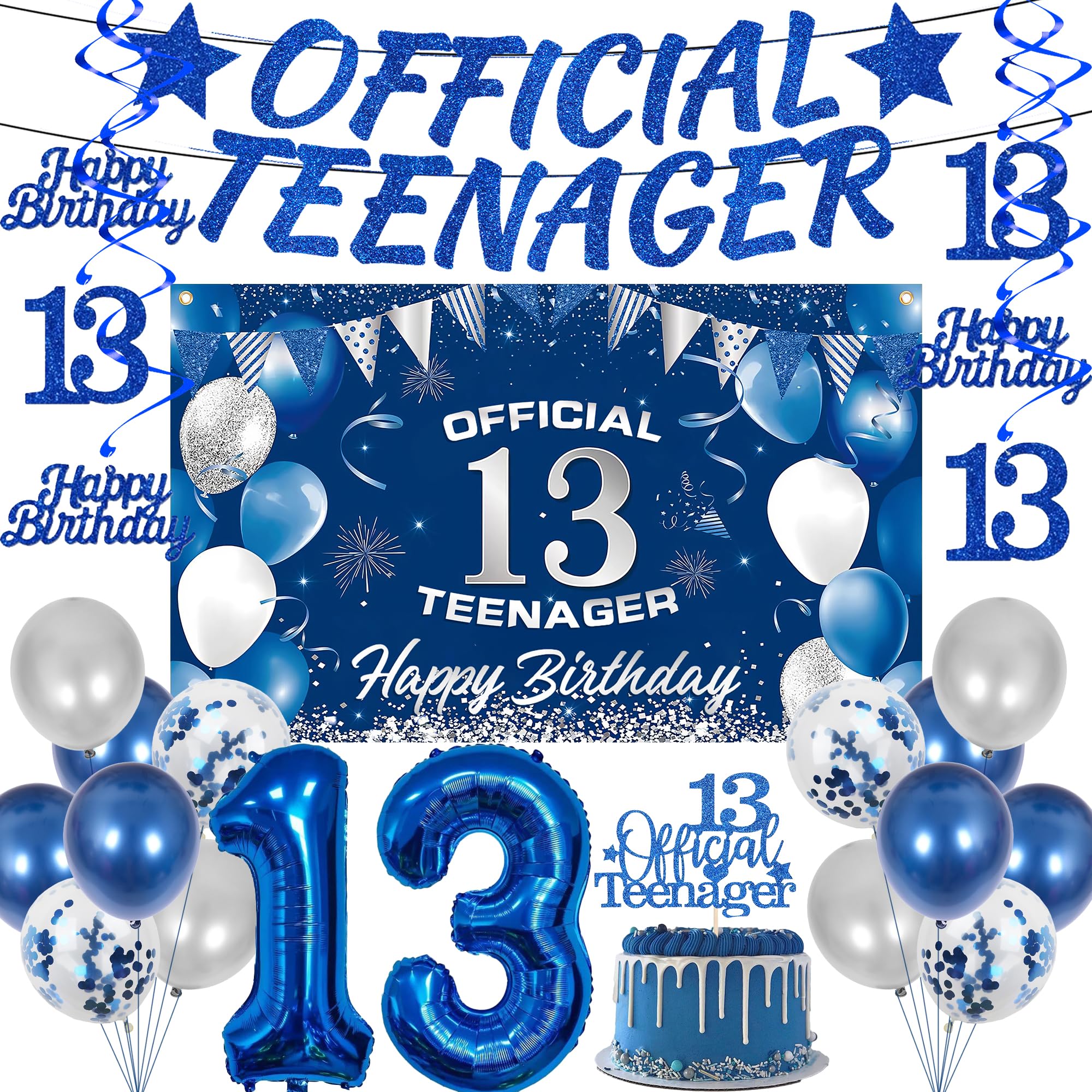Photo 1 of 13th Birthday Decorations Balloons Boys - 25 Pcs Navy Blue Balloon Banner Number 13 Hanging Swirls Backdrop Cloth Cake Topper Official Teenager Party Supplies For 13 Year Old Boy Birthday Party