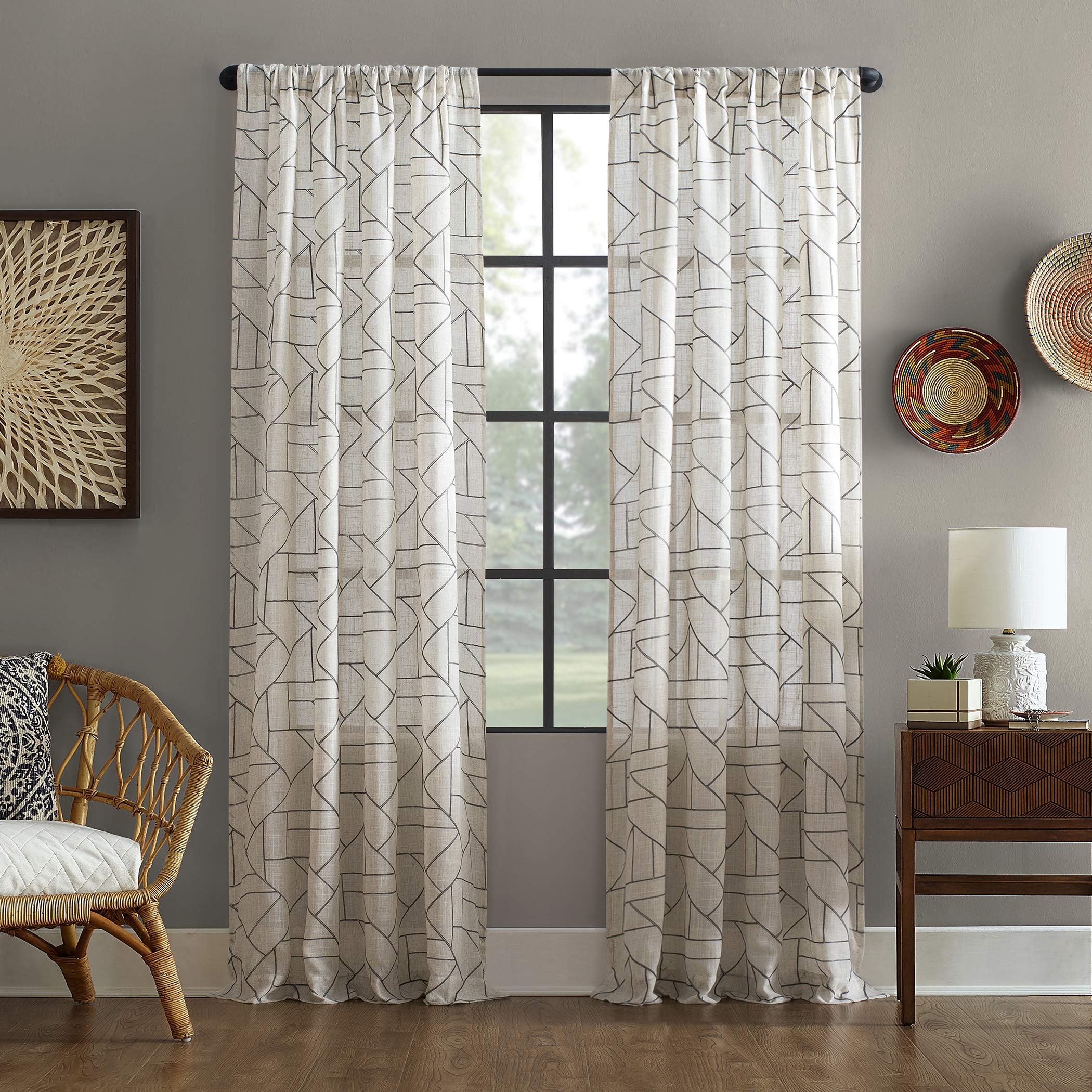 Archaeo Fragmented Geometric Embroidery Mid-Century Modern Natural Linen Blend Curtain, 50" x 108", Gray/Linen