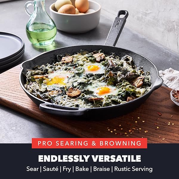 GREENPAN X BOBBY FLAY 12” CAST IRON PRE-SEASONED SKILLET WITH HELPER HANDLE, PROFESSIONAL GRADE HEAVY DUTY, INDUCTION, POUR SPOUTS, VERSATILE STOVETOP, OVEN, BBQ GRILL FIRE, INDOOR/OUTDOOR USE, BLACK