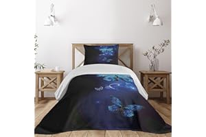 Lunarable Dark Blue Coverlet Set Twin Size, Fantasy Butterflies Monarch Inspired by the Insect Theme Floating in the Night Sky, 2 Piece Decorative Quilted Bedspread Set with 1 Pillow Sham, Cobalt Blue