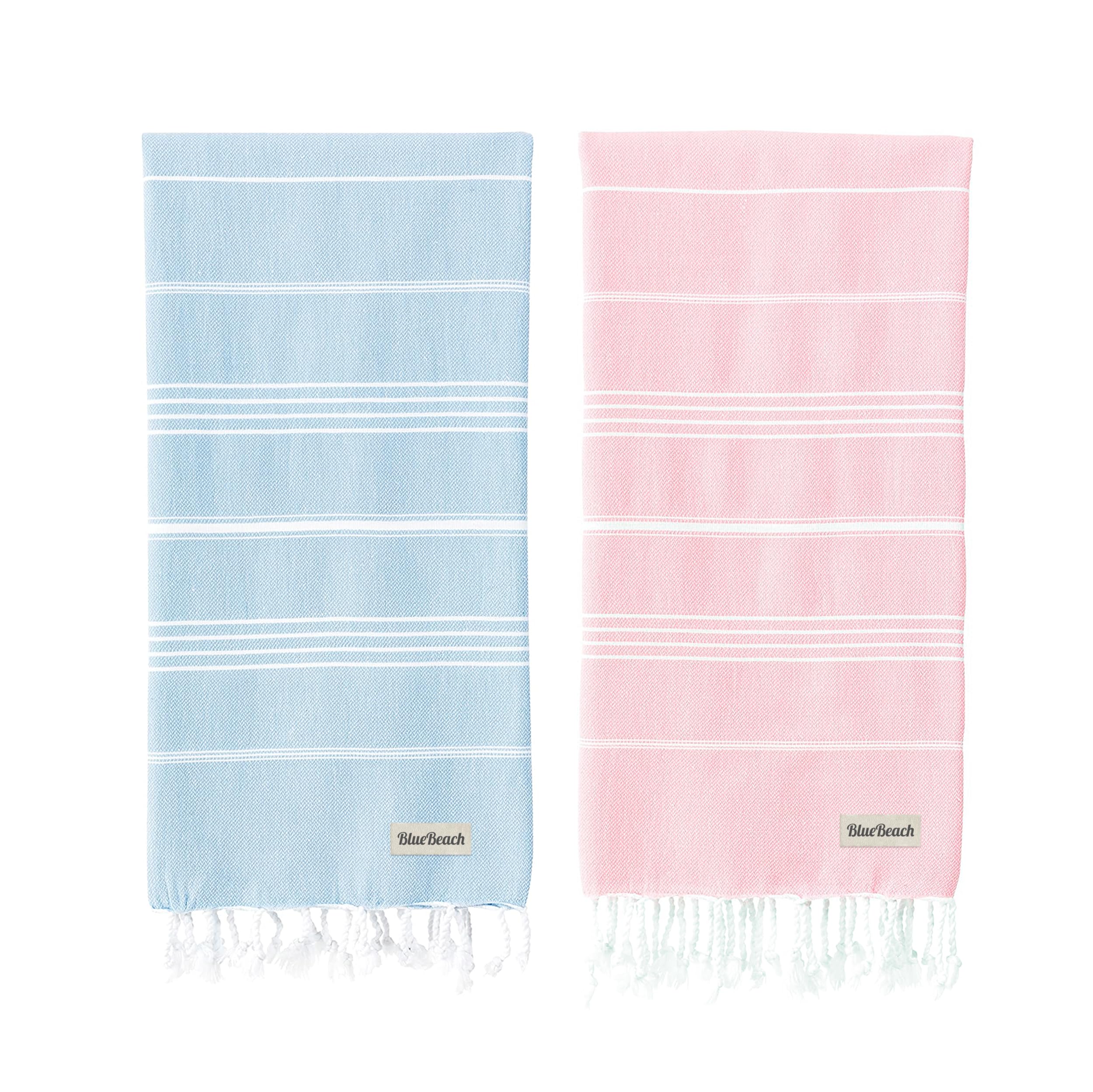 Blue Beach Turkish Towel - Set of 2-100x180cm Large Turkish Hammam Peshtemal Towel - Super Absorbent, Quick Dry, Lightweight, Compact Towels for Swimming, Bath, Gym and Travel (Sky Blue + Pink) — image 1