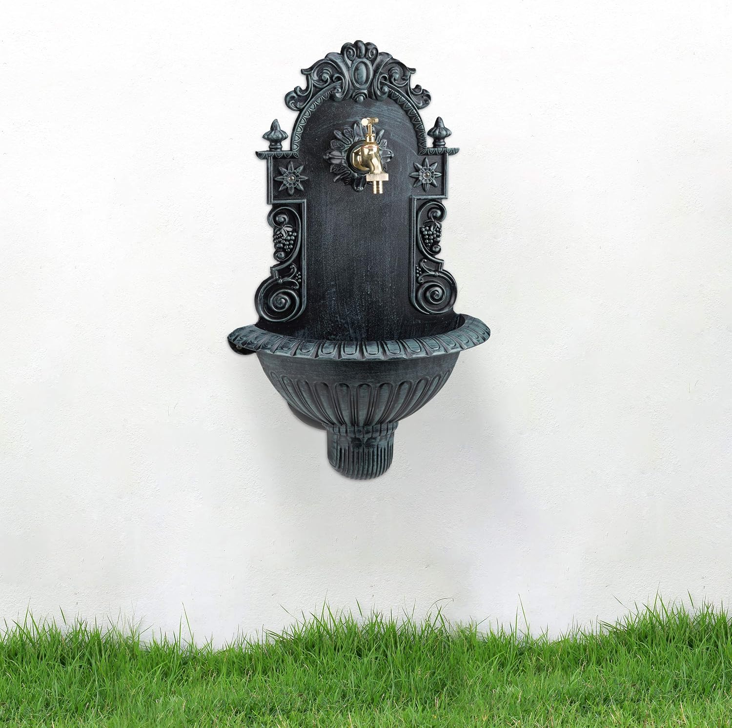 Relaxdays Wall Water Fountain, Antique-Style, Nostalgia, Garden, Patio, Faucet, Hanging Basin, HxWxD: 62 x 38 x 20 cm, Green - Image 3
