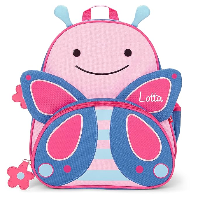Skip Hop Rucksack mit Namen für Kinder | Motiv Schmetterling in blau & rosa für Mädchen | Kindergarten-Rucksack mit Tieren | 