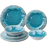 ZAROCRUS 12 PCS Melamine Dinnerware set, Unbreakable Coastal Plates and Bowls Set, Lightweight Chip Resistant Oceanic Dishes Set, Service for 4, Great for Camper, RV, Indoors Outdoors Use