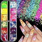 Kikonoke Iridescent Glitter Nail Sequins 12 Colors Ice Slag Chunky Glitter Flakes Holographic Irregular Mermaid Nail Glitter Transparent Laser Nail Decorations for Women Girls Nail Art Design