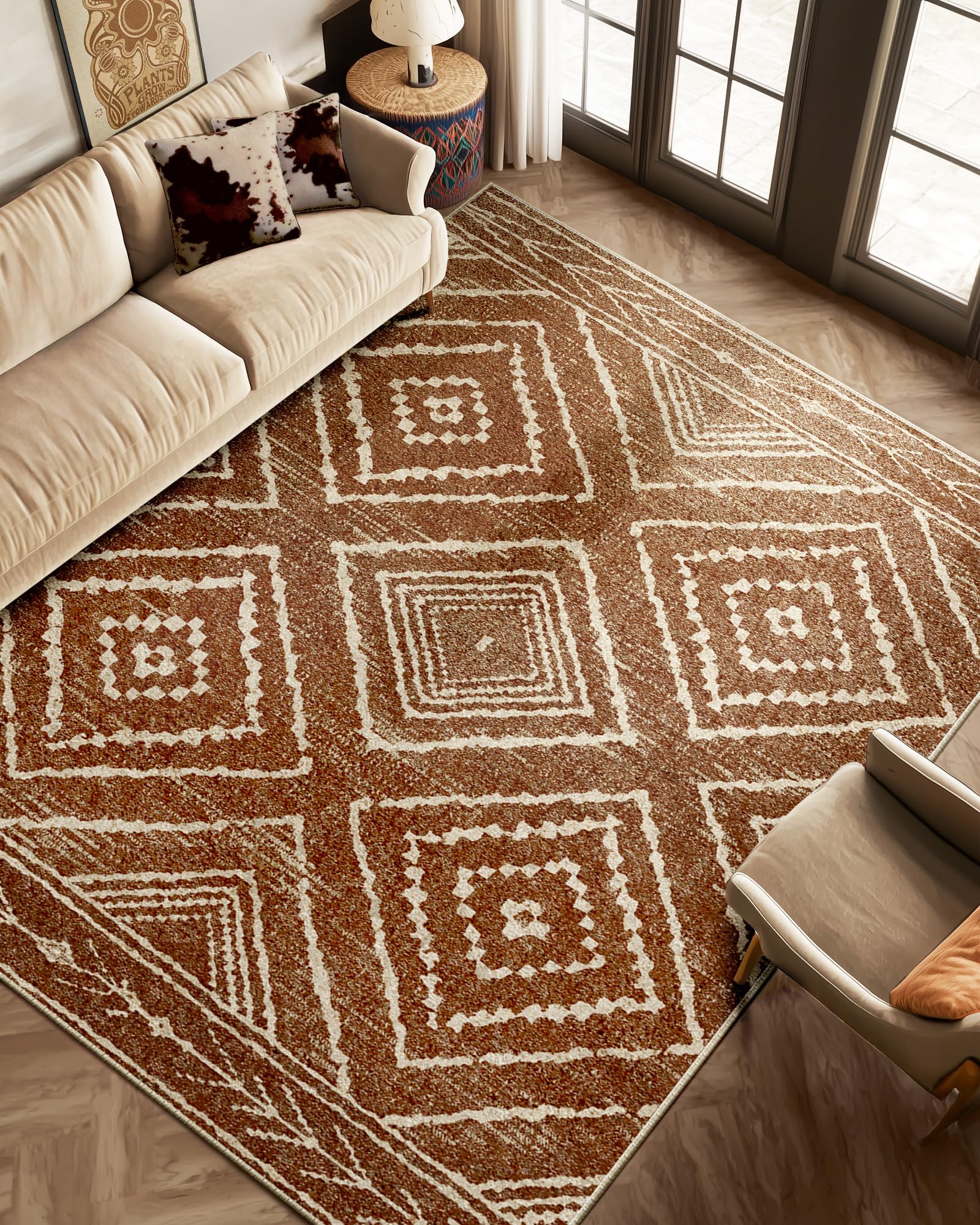 Photo 1 of Area Rug 8x10 Rug Machine Washable Non-Slip Low Pile Print Pattern Western Rug for Living Room Bedroom Entryway Tribal Series -Yellowbrown/Cream