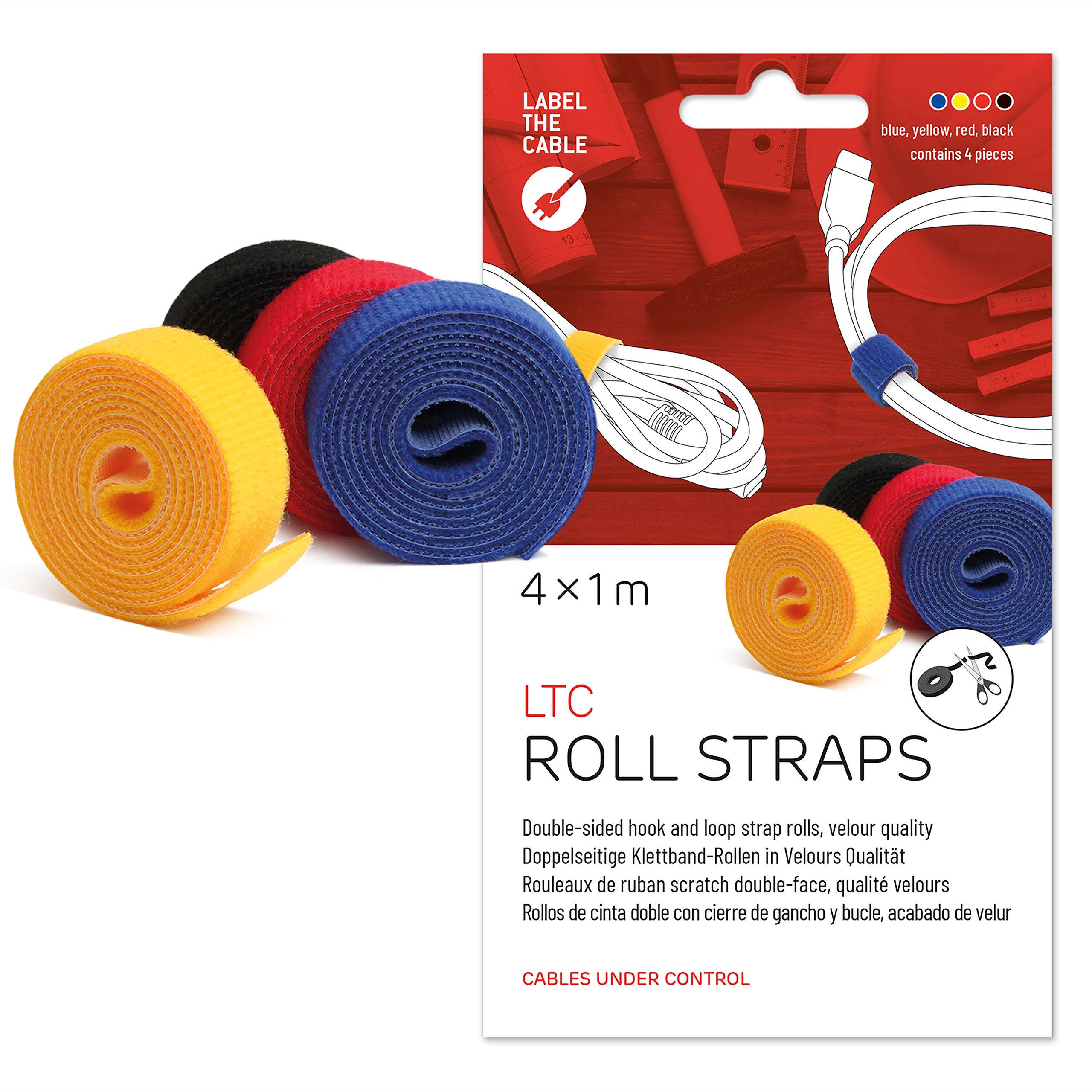 LABEL THE CABLE Roll of Double-Sided Hook and Loop Tape - Cable Ties Roll for Perfect Cable Management - Velour Quality - LTC ROLL Straps - 4 x 1 m x 16 mm - Assorted Colours - LTC 1230 Multicoloured