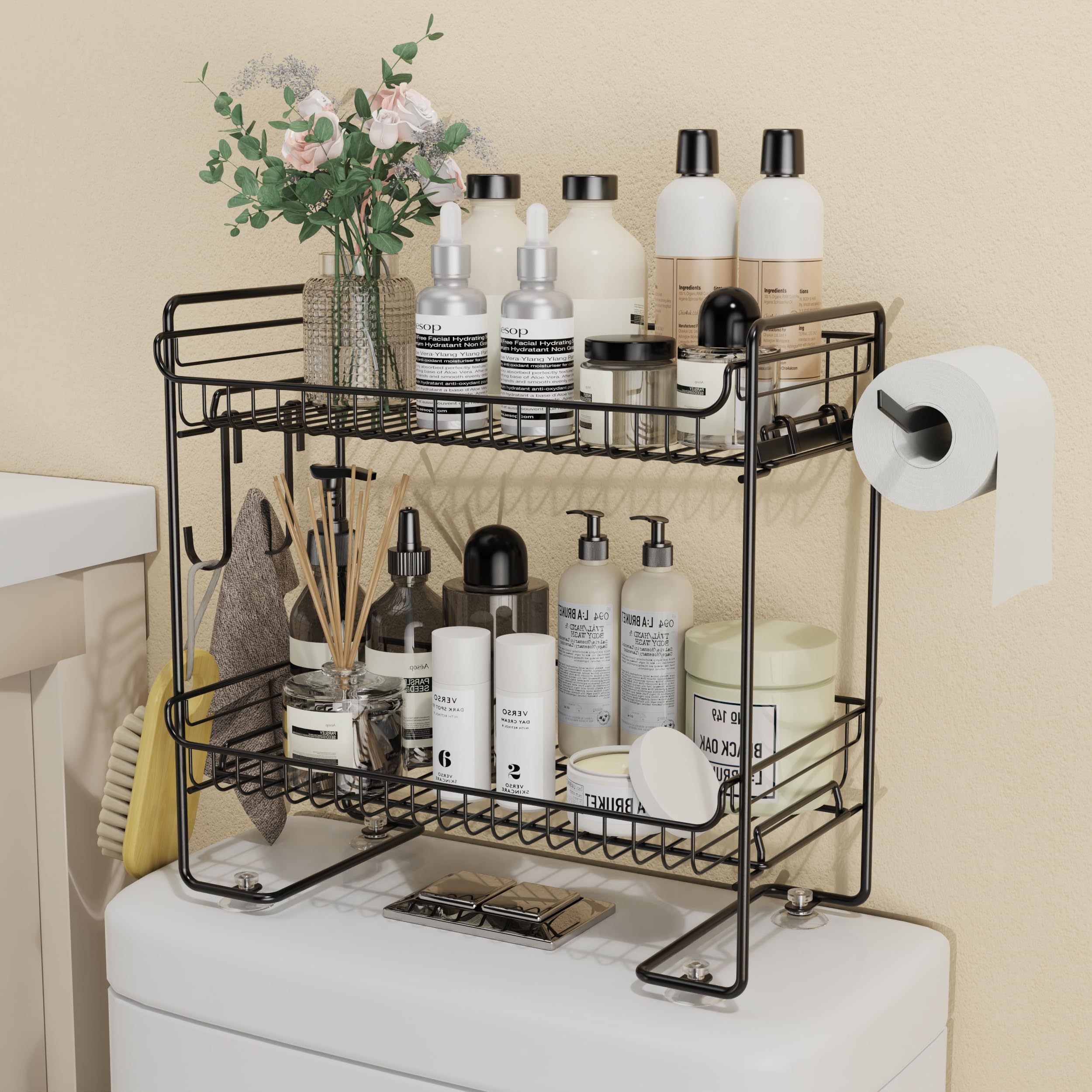 Photo 1 of Johamoo Over The Toilet Storage, 2-Tier Bathroom Organizer Shelves, Multifunctional Bathroom Storage Rack with 4 Sucktion Cup, No Drilling Space Saver with Hooks, Upgrade Non-Adhesive, Black