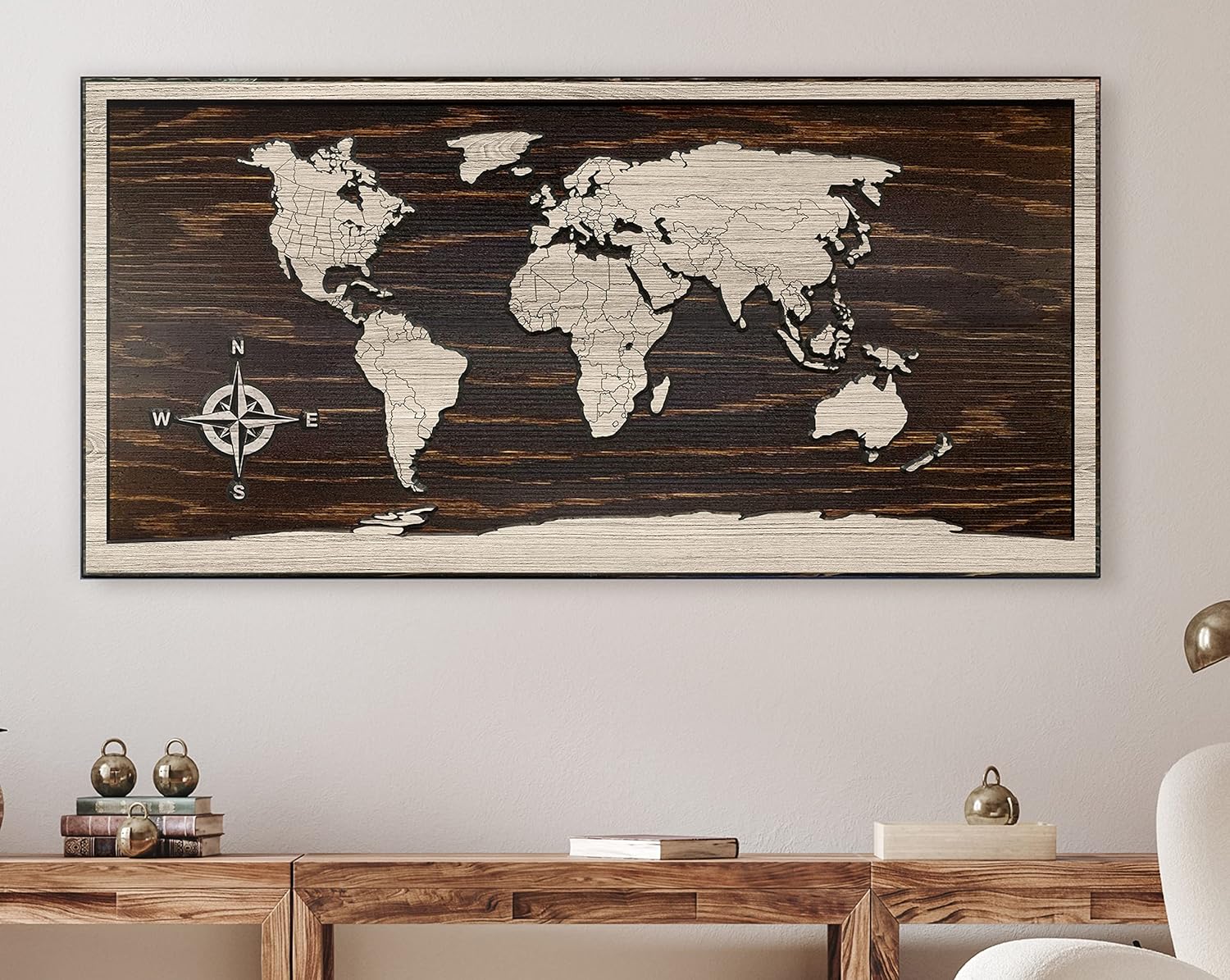 Paintings - Carved Wood World Map with Country Lines, Works as a Push Pin Map, Customizable World Map Wall Art,