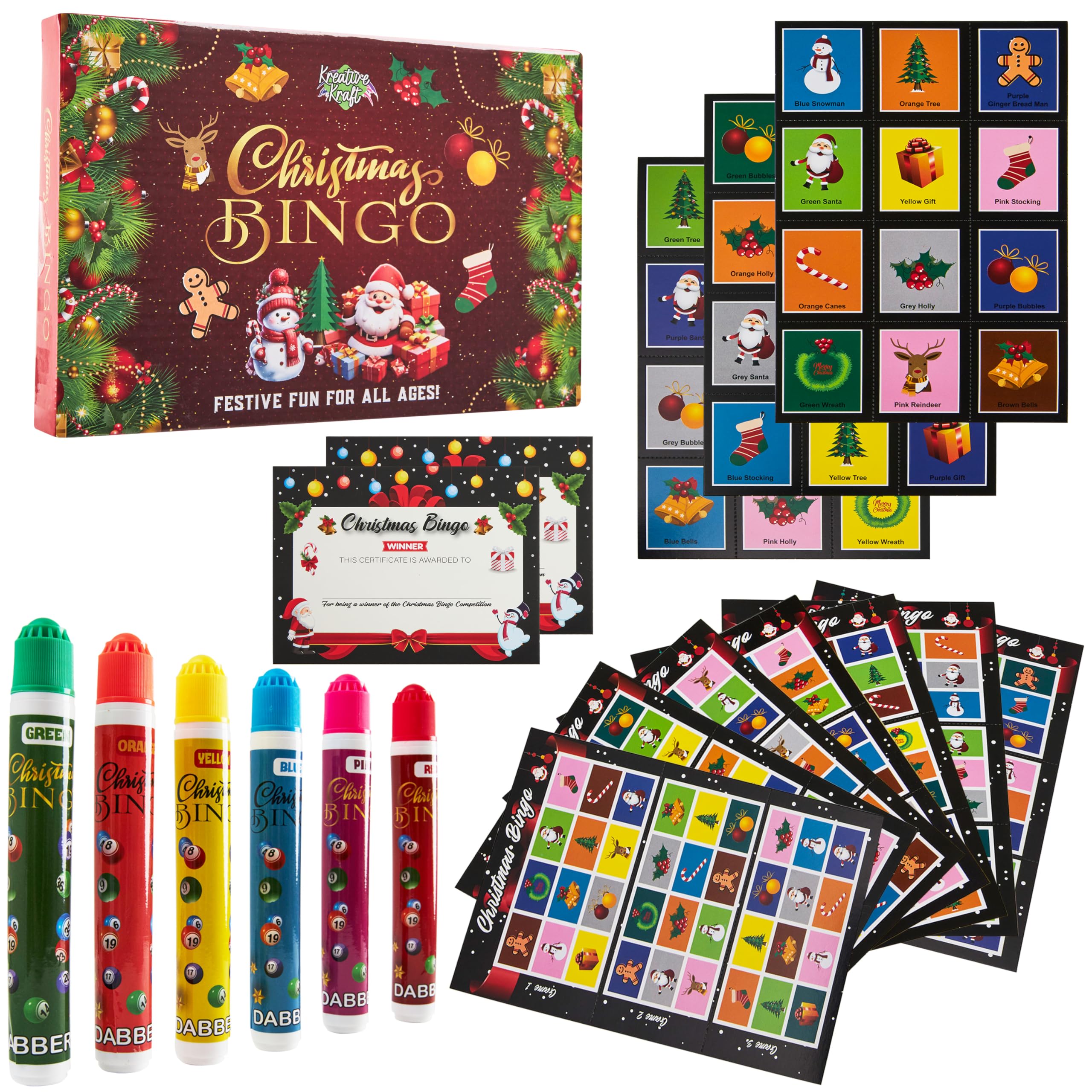 KreativeKraft Christmas Bingo Game Set, Family Games for Kids and Adults School Office Party Stocking Fillers Xmas Gifts