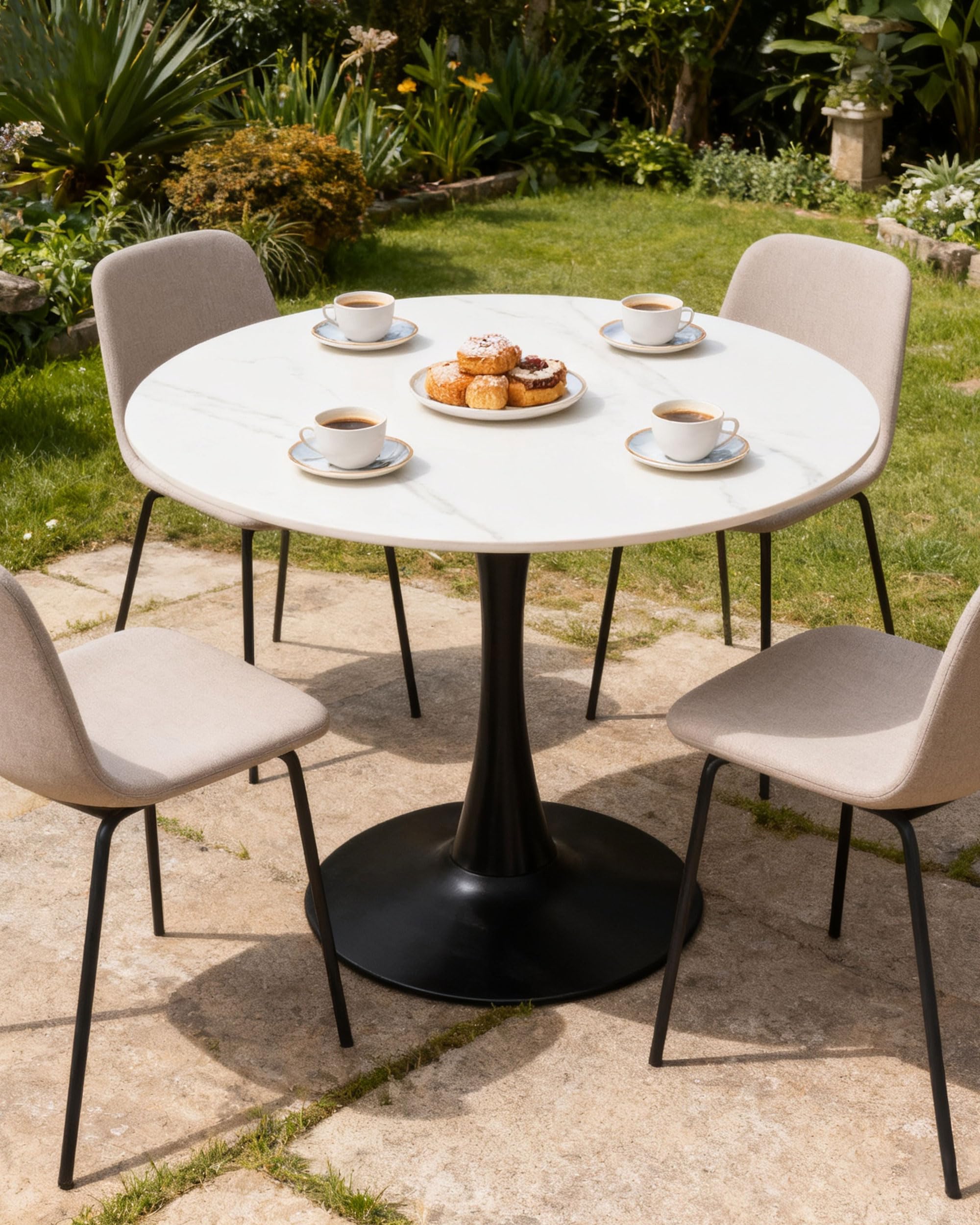Condition photo showing New/Like New for 27.6" round dining table with marble top and iron base - modern & elegant design for home & restaura