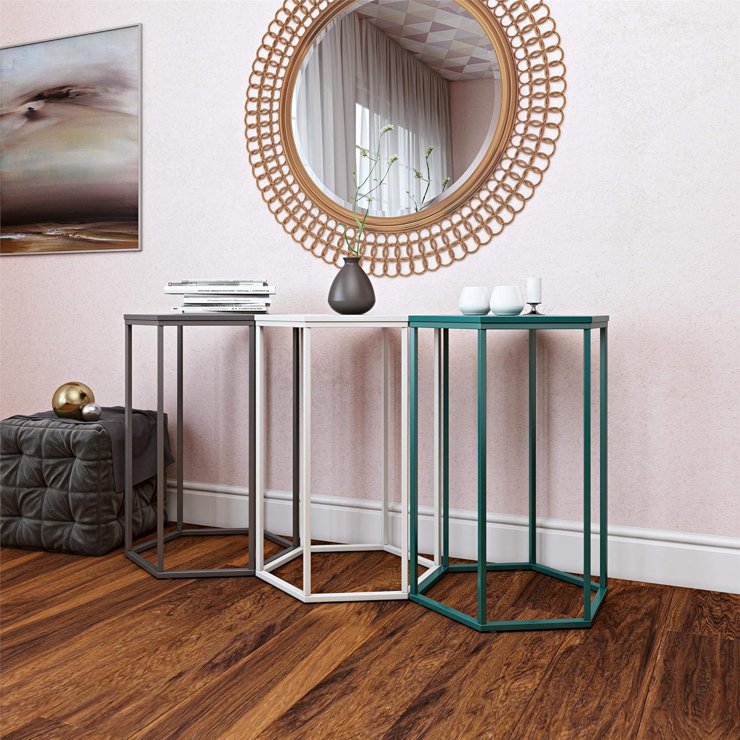 CosmoLiving Park Ave. Hexagon Accent Table Set, White/Graphite/Emerald Green: Furniture & Decor
