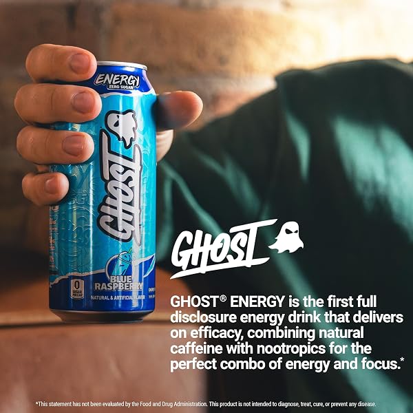 GHOST ENERGY DRINK – 12-PACK, BLUE RASPBERRY, 16OZ CANS – ENERGY & FOCUS & NO ARTIFICIAL COLORS – 200MG OF NATURAL CAFFEINE, L-CARNITINE & TAURINE – GLUTEN-FREE & VEGAN