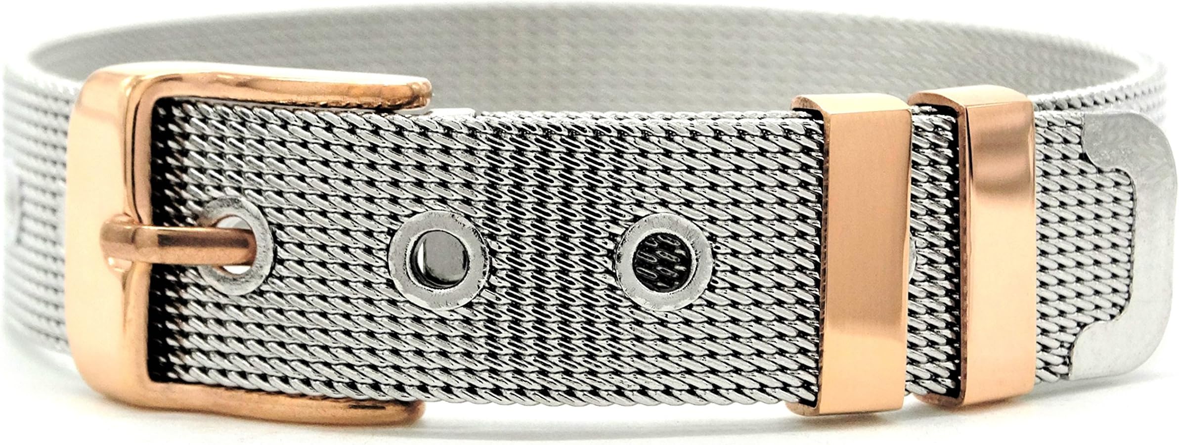Stainless steel mesh bracelet with rose gold plated buckle adjustable in length with black gift box and purple jewelry bag