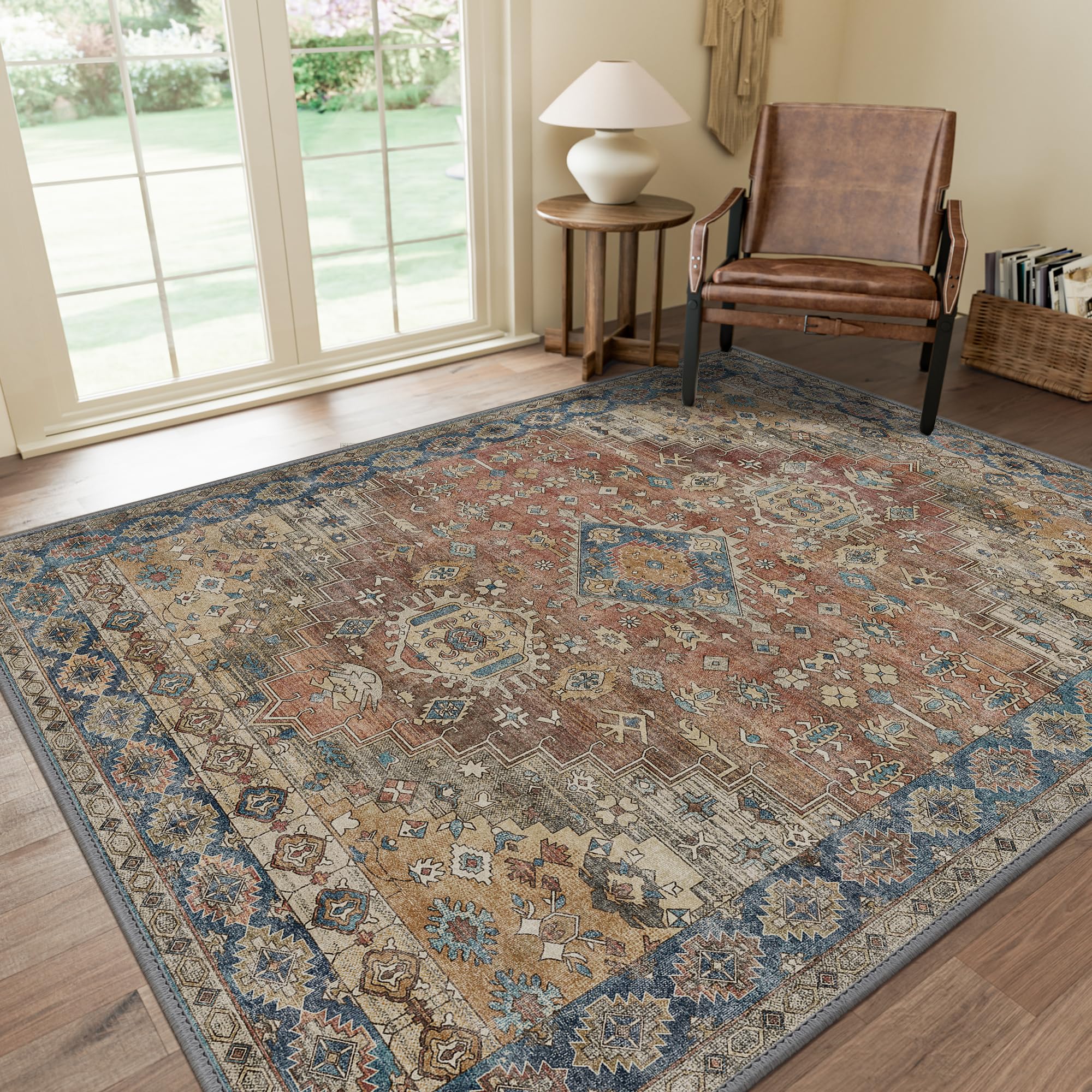 Photo 1 of ** VERY USED *** *GENIMO 8x10 Area Rugs for Living Room, Machine Washable Non Slip Vintage Rugs, Low Pile Lightweight Chenille Print Rug for Bedroom, Dining Room, Home Office, Antique Red