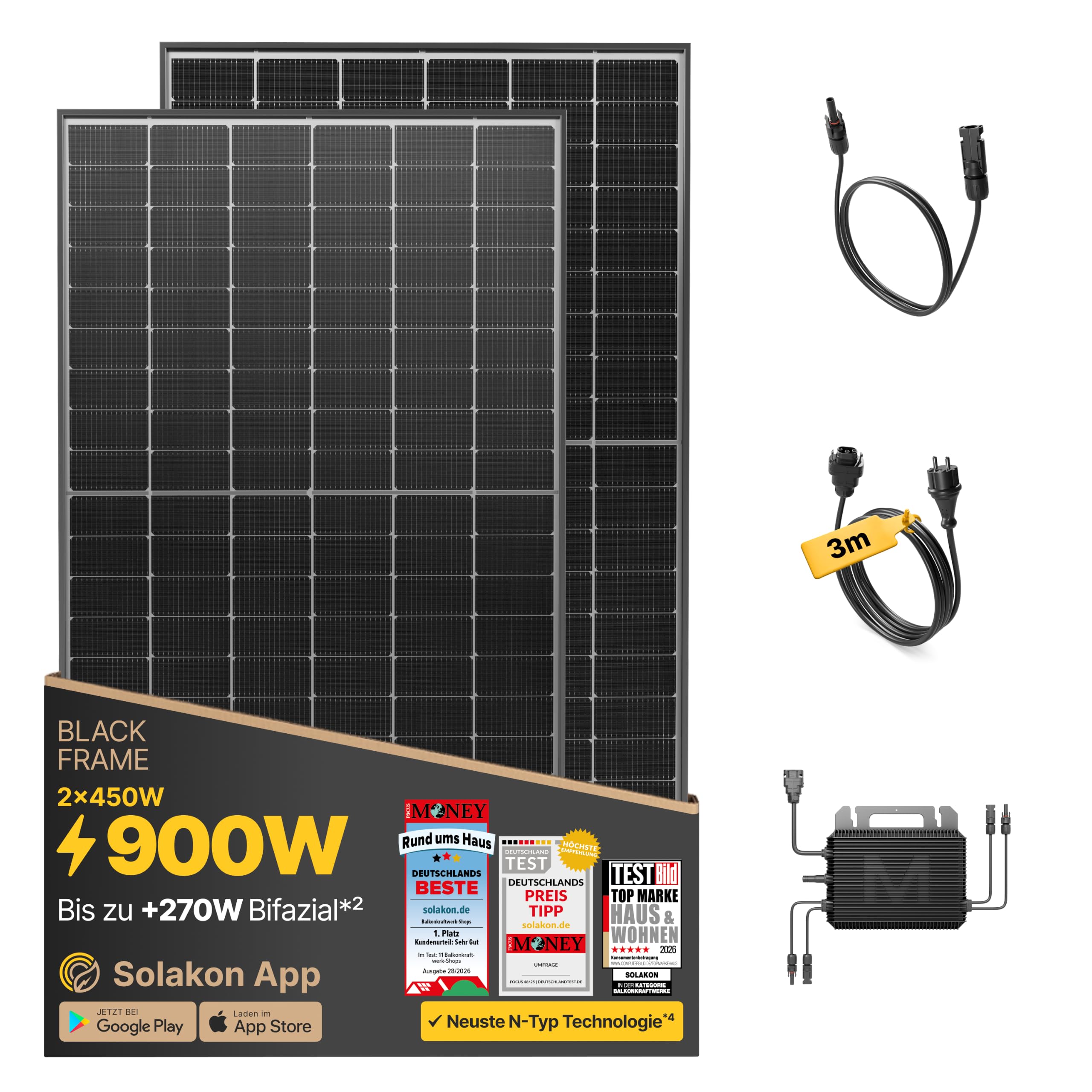 Solakon® 900W Balkonkraftwerk - Balkonkraftwerk 800W komplett Steckdose - neuester 800 Watt Wechselrichter - Solaranlage Komplettset - 450W bifaziale Solarmodule inkl. Zubehör - 3m Kabel