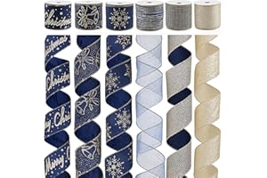 DINDOSAL Navy Blue and Gold Christmas Tree Ribbon - 2.5 Inch Wired Ribbon, 6 Rolls for Wreaths, Bows, Decorations