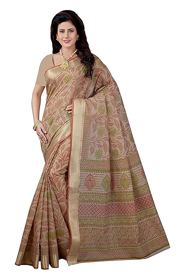 Poly Cotton Printed Saree with Blouse Piece (SKR4901_Beige)