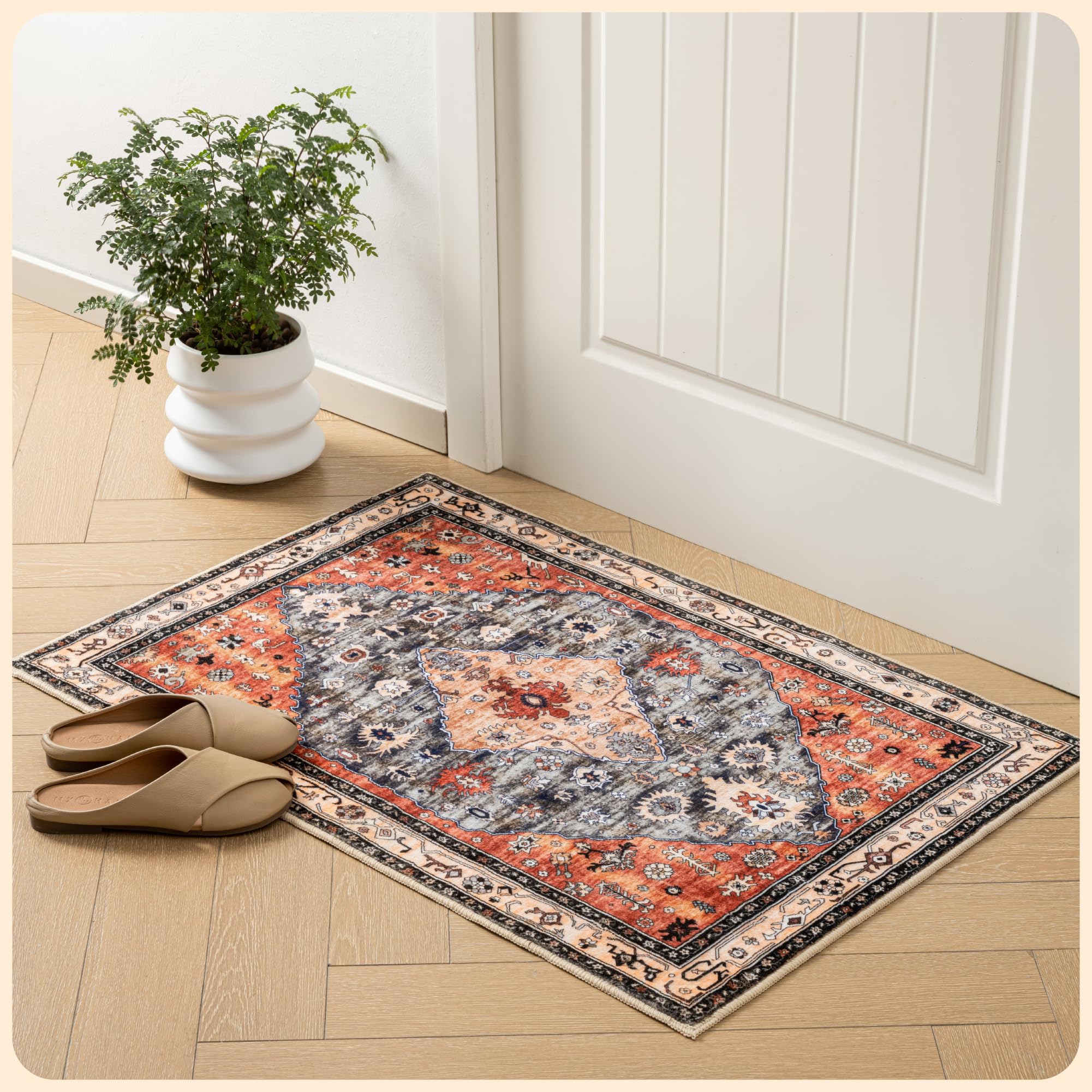 Photo 1 of Istana Area Rug 2x4 - Red & Teal 2x4 Washable Rug Non Slip - Pet Friendly Living Room Rug - Non Shedding Washable Rugs for Bedroom - Foldable Bathroom Rugs