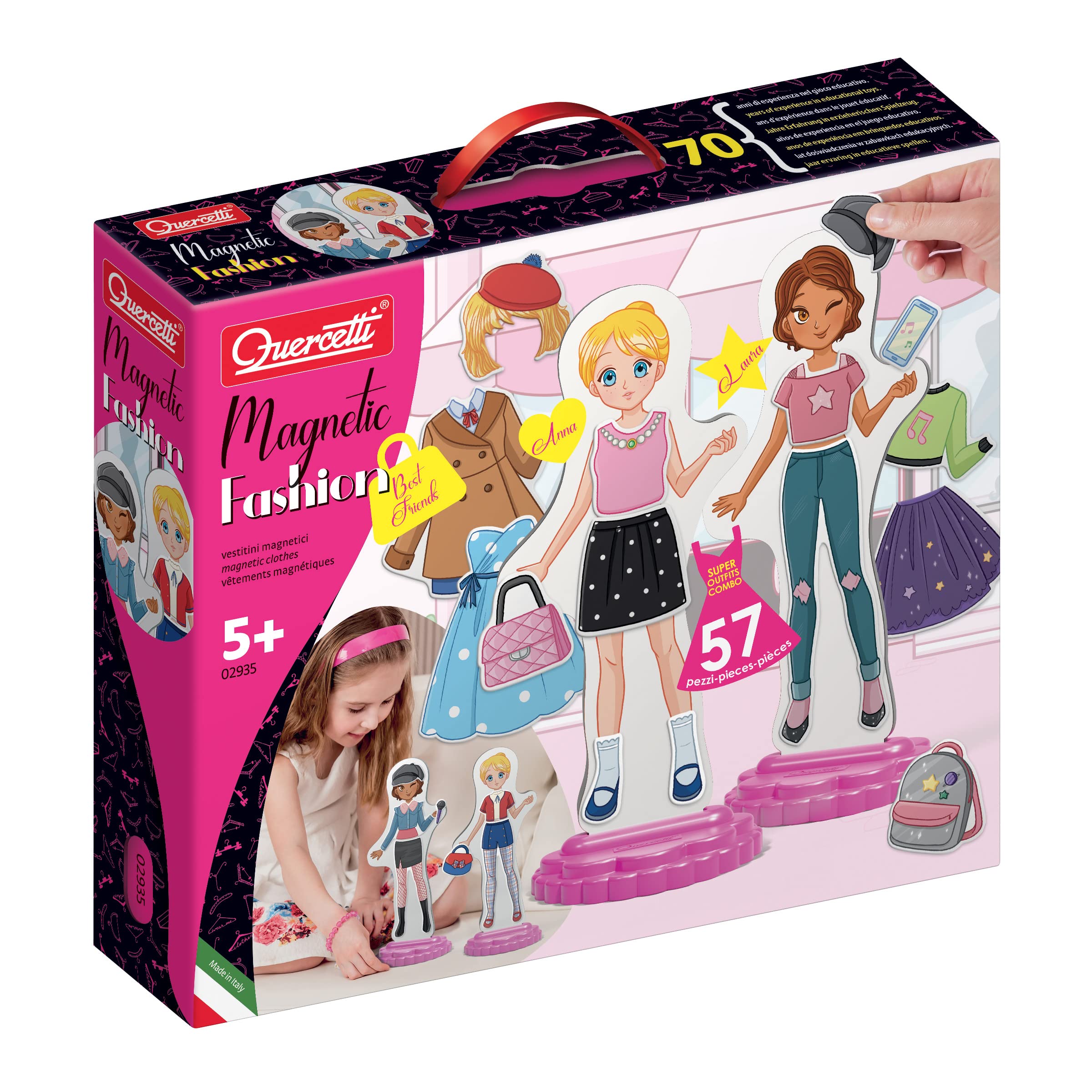 Quercetti Magnetic Fashion Box for Boys and Girls, Fashion Designer Doll Set, Arts and Crafts Kit for Ages 5+