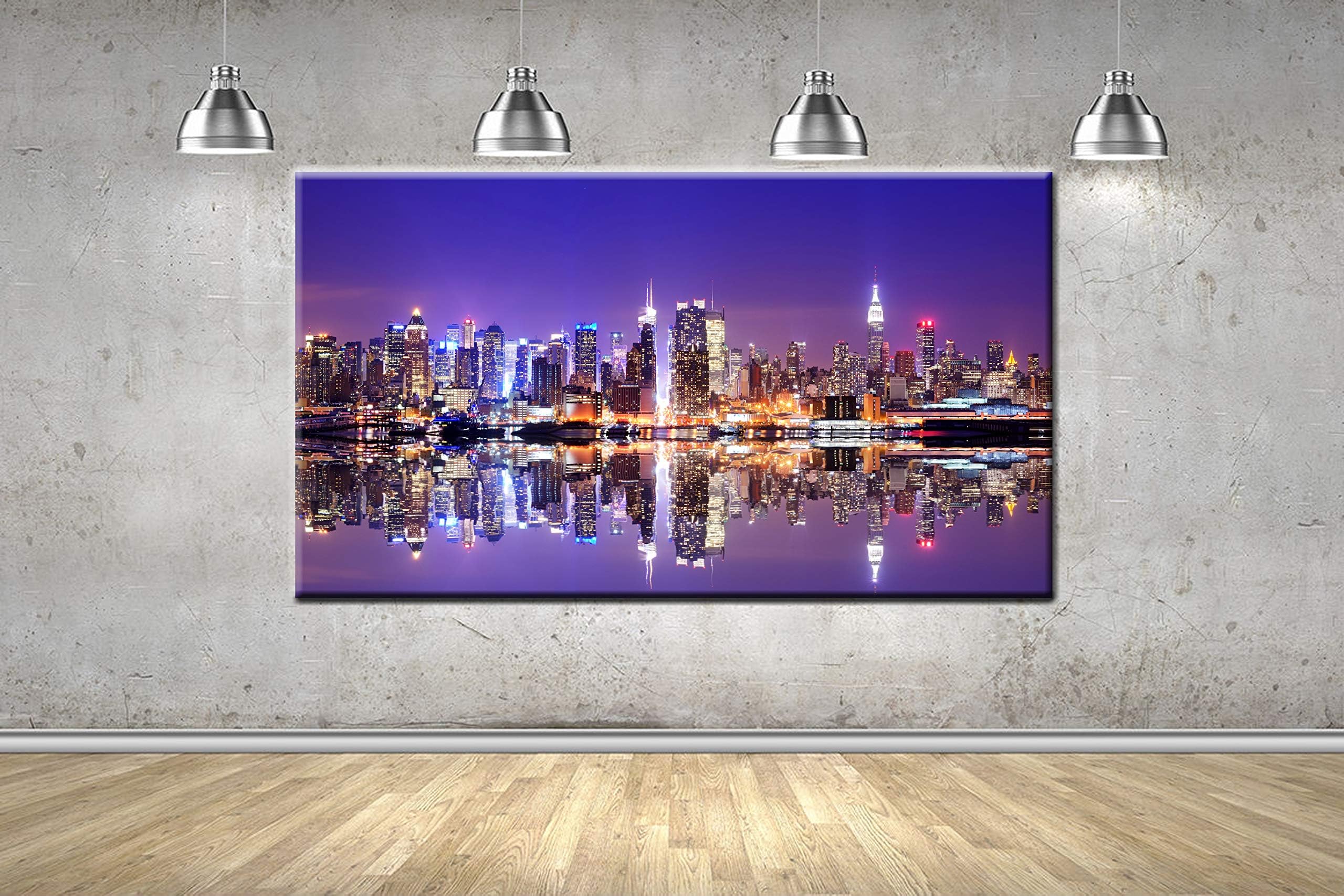 New York At Night Blue Scenic Theme Framed Canvas Photo Wall Art Picture Home Decor Print 5 Sizes