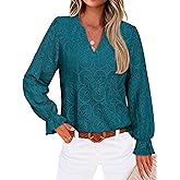 RUMIA Womens Blouses V Neck Eyelet Lace Tops with Lining Dressy Sheer Long Sleeve Shirts Embroidered Blouses 2025 Fashion