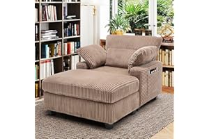 HANHERRY 57.6" D Chaise Lounge Chair Indoor with Ottoman, Oversized Corduroy Lounge Sleeper Sofa Chair, Comfy Reading Chair with Double-sided Armrest and Lumbar Support for Bedroom, Living Room, Office(Brown)