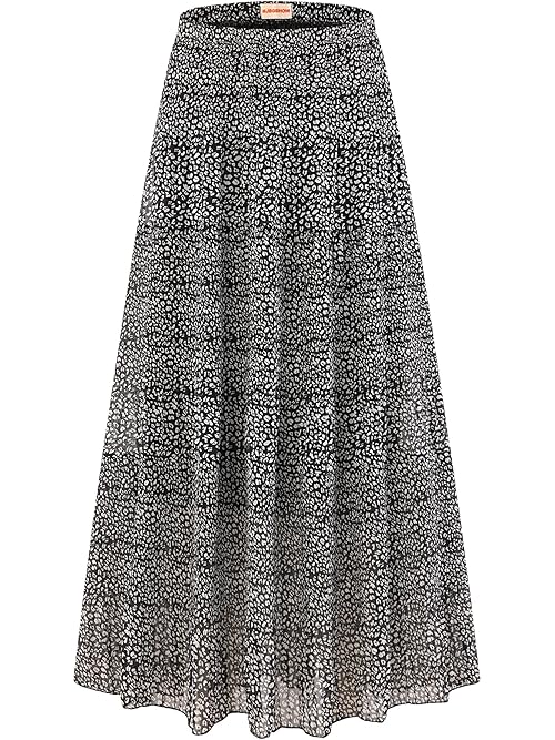 MJBGSHOW Womens Chiffon Long Skirt Elastic High Waist Floral Maxi Skirts Tiered Pleated A Line Boho Flowy Long Skirts Leopard-Black M