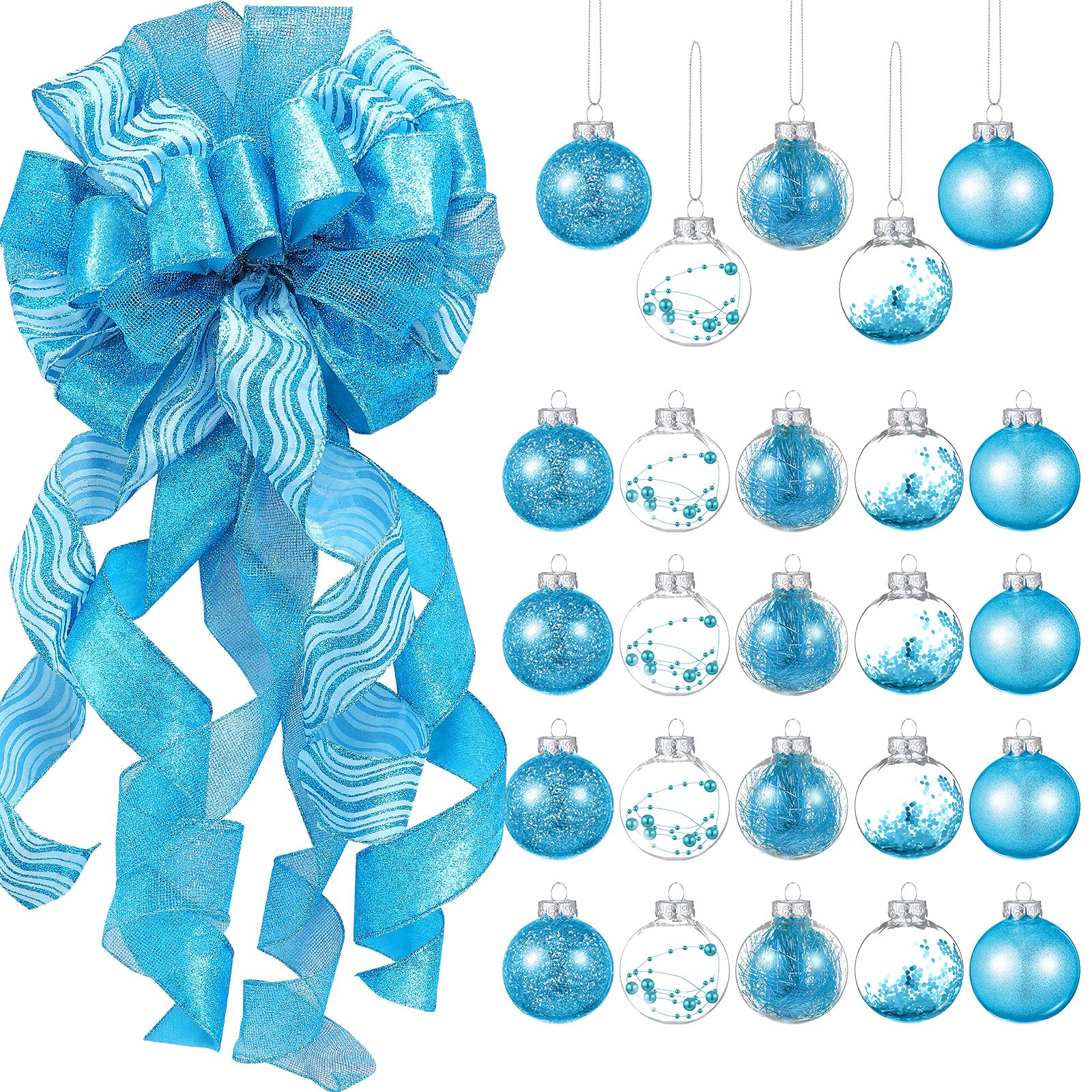 Syhood 25 Pieces Christmas Tree Topper Bow 12 x 34 Large Christmas Bow with Color Strips and 2.36 Inch Plastic Christmas Ball Ornaments for Christmas Tree Home Decoration(Lake Blue)