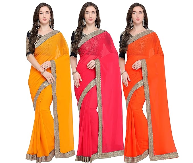 Pack of 3 Chiffon Sarees with unstitched Blouse Piece(with lace border)