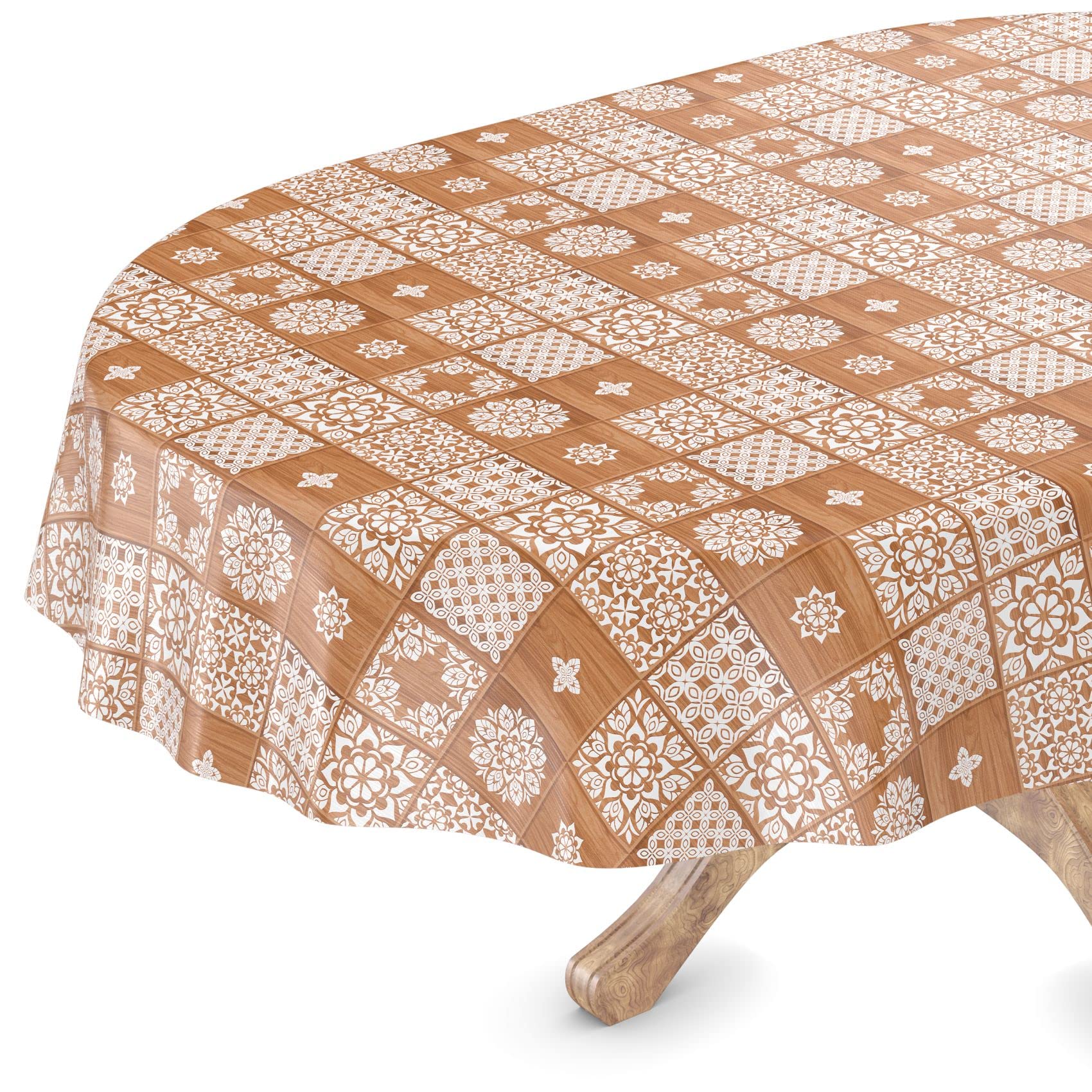Washable Oilcloth Tablecloth Oval 140 x 200 cm Cut Edge Checked Brown Easy Care