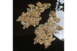 G-RUI 2pc/Pair Luxury Beaded Sequin Golden Silver Flower Embroidery lace Appliques for Wedding Dresses Rhinestone Applique Patches Embroidery lace parches ropa… (Golden)