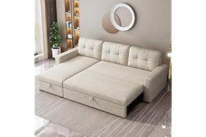YOPTO 81.5" Upholstered Sleeper Sectional Sofa with Storage Chaise&Pull Out Bed,Convertible Corner Couch Bed W/ 3 Removable Back Cushions,L-Shape Reversible Sofa-Bed for Living Room,Office,Beige