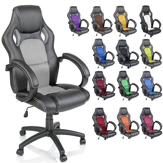 TRESKO Racing Chefsessel Bürostuhl Drehstuhl 14 Farbvarianten, gepolsterte Armlehnen, Wippmechanik, Lift SGS geprüft (schwarz