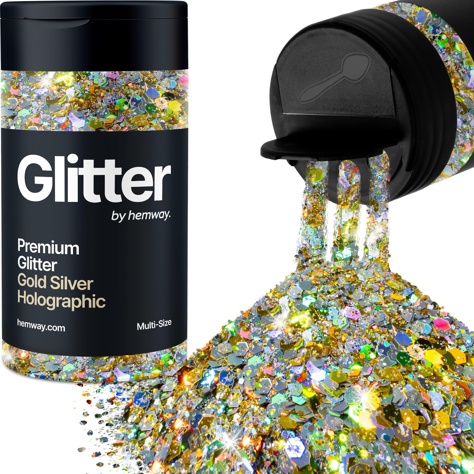 Hemway Gold Silver Holographic Glitter Shaker, 120g Multi Size Glitter for Crafts Metallic Flake Sequins for Resin & Epoxy Crafts for Decorating, Halloween, Christmas, Nail, Face, Bunting, Art