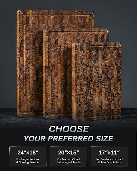 KYOKU END GRAIN WOOD CUTTING BOARD, 20X15 IN. BOARD FOR KITCHEN WITH 3 INGREDIENT HOLDERS & WAX OIL INCLUDED, REVERSIBLE TEAK WOOD CUTTING BOARD BUTCHER BLOCK FOR CHOPPING CUTTING CARVING