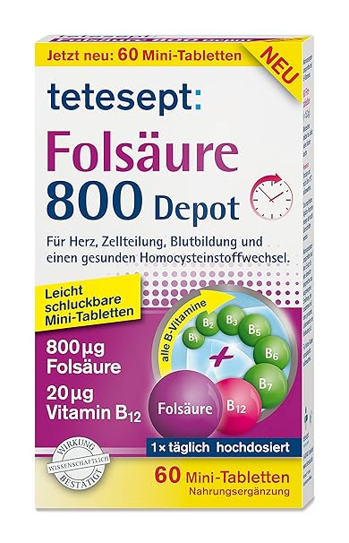 tetesept Folsäure 800 Depot – Nahrungsergänzungsmittel mit Depot-Technologie - inklusive aller B-Vitamine für eine Rundumversorgung – 1 x 60 Minitabletten
