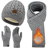 Womens Winter Beanie Hat Scarf Gloves Set, Knit Touch Screen Gloves Long Scarf Skull Caps Fleece Lined Winter Gift