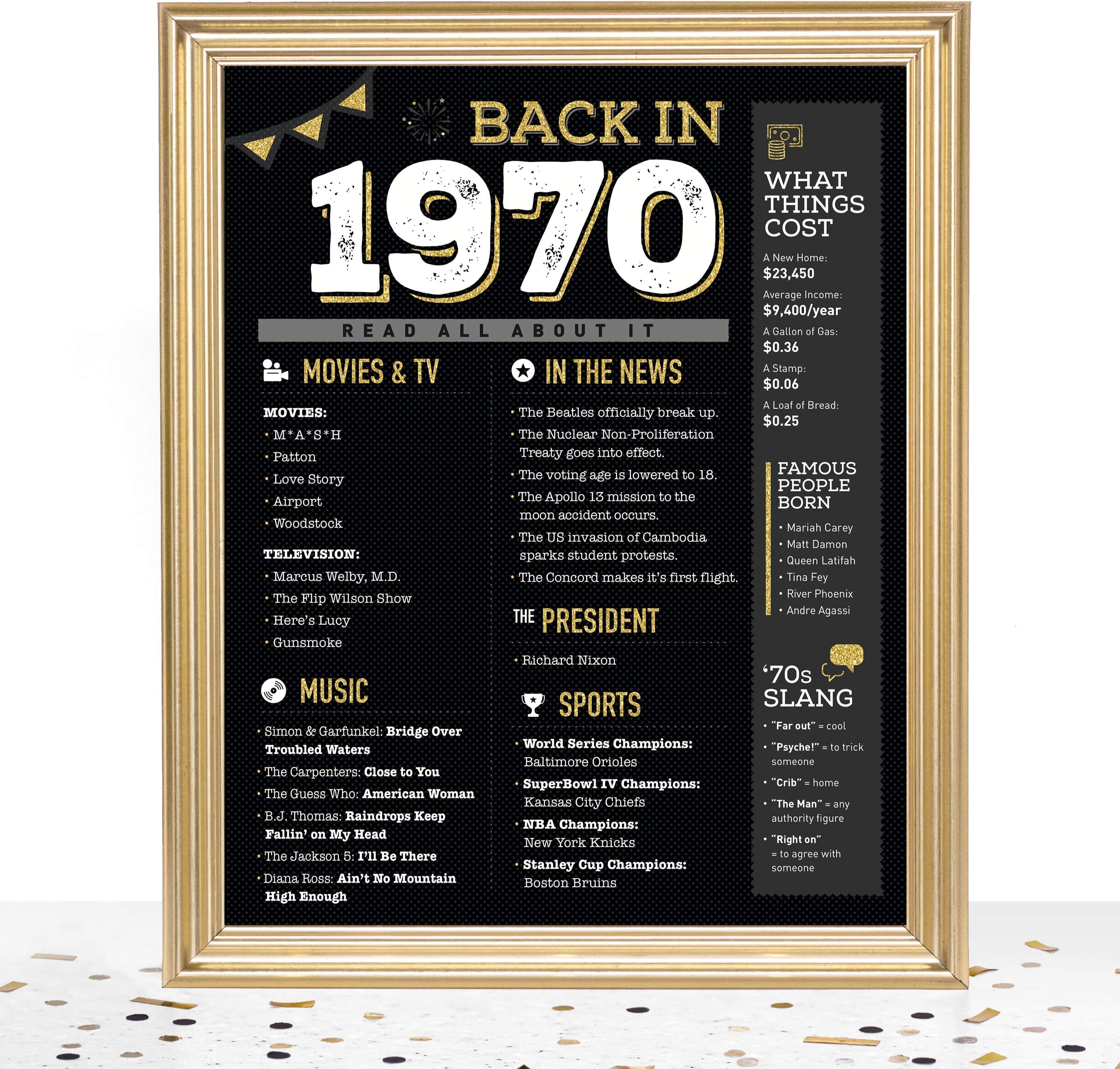 Goodsite brands 50th Birthday Decorations Anniversary Centerpiece Gifts for Women Men | 8x10 Back in 1970 Sign/Poster Unframed | Perfect Party Table Decor, Black/Gold with Fun Vintage Look
