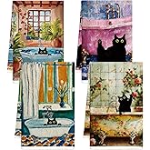 MOIZYNG Cat Kitchen Towels Set of 4, Cute Spring Hand Towels for Kitchen Bathroom Decorative 16x24 Inch Black Cat Floral Themed Soft & Absorbent Microfiber Dish Cloths Housewarming Gifts