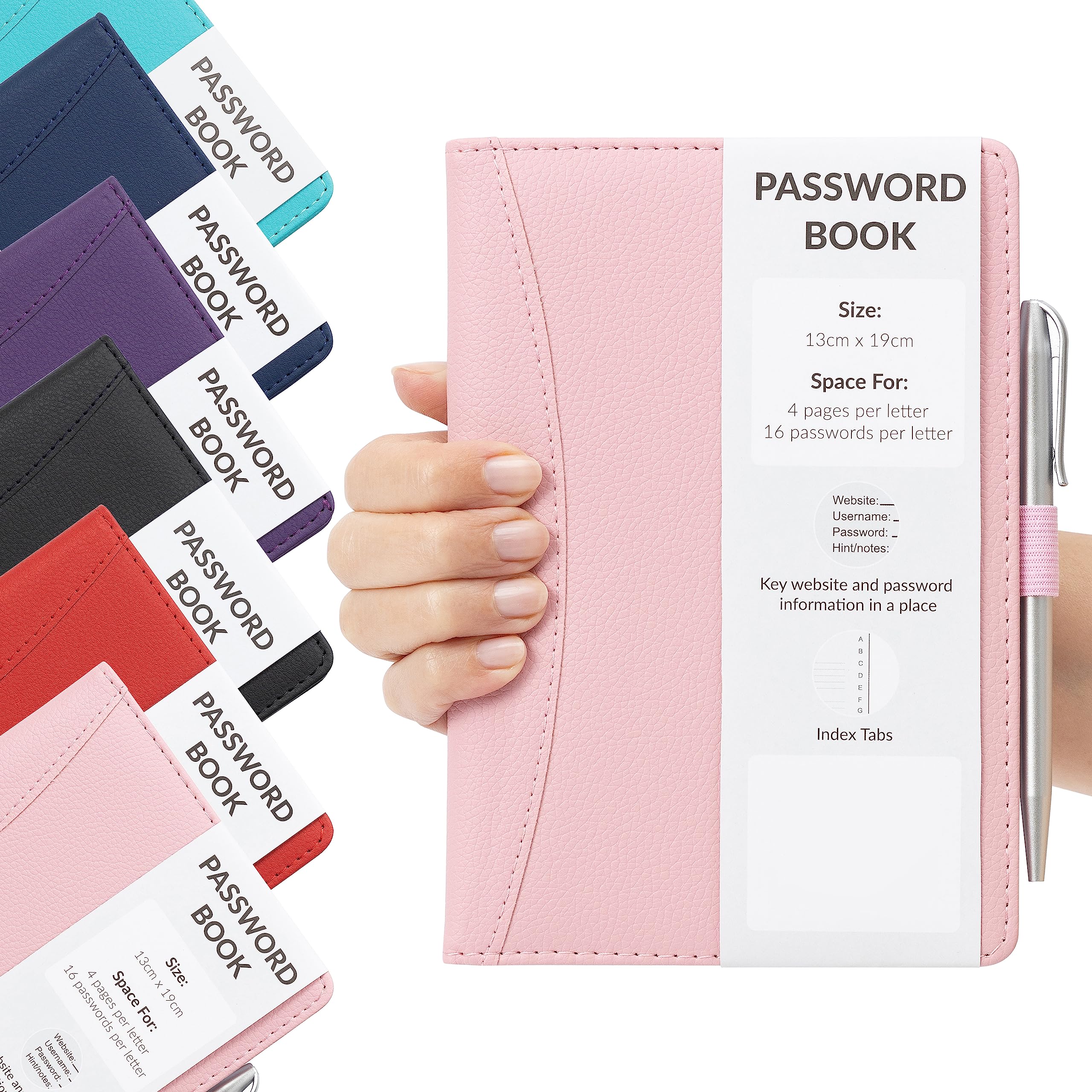 Password Book Alphabetical with Tabs - Secure Login Organiser for Websites, Username & Notes - Hardback A-Z Index Password Keeper with Pen (Light Pink)